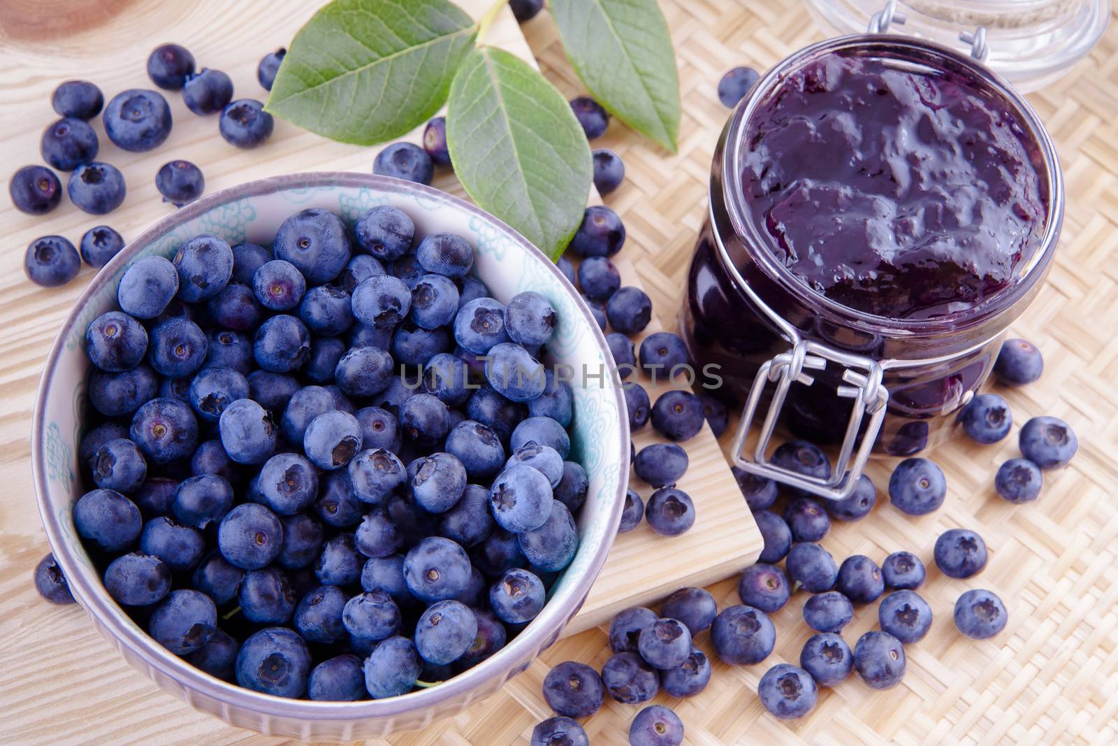 Blueberry fruits jam in the kitchen on the table