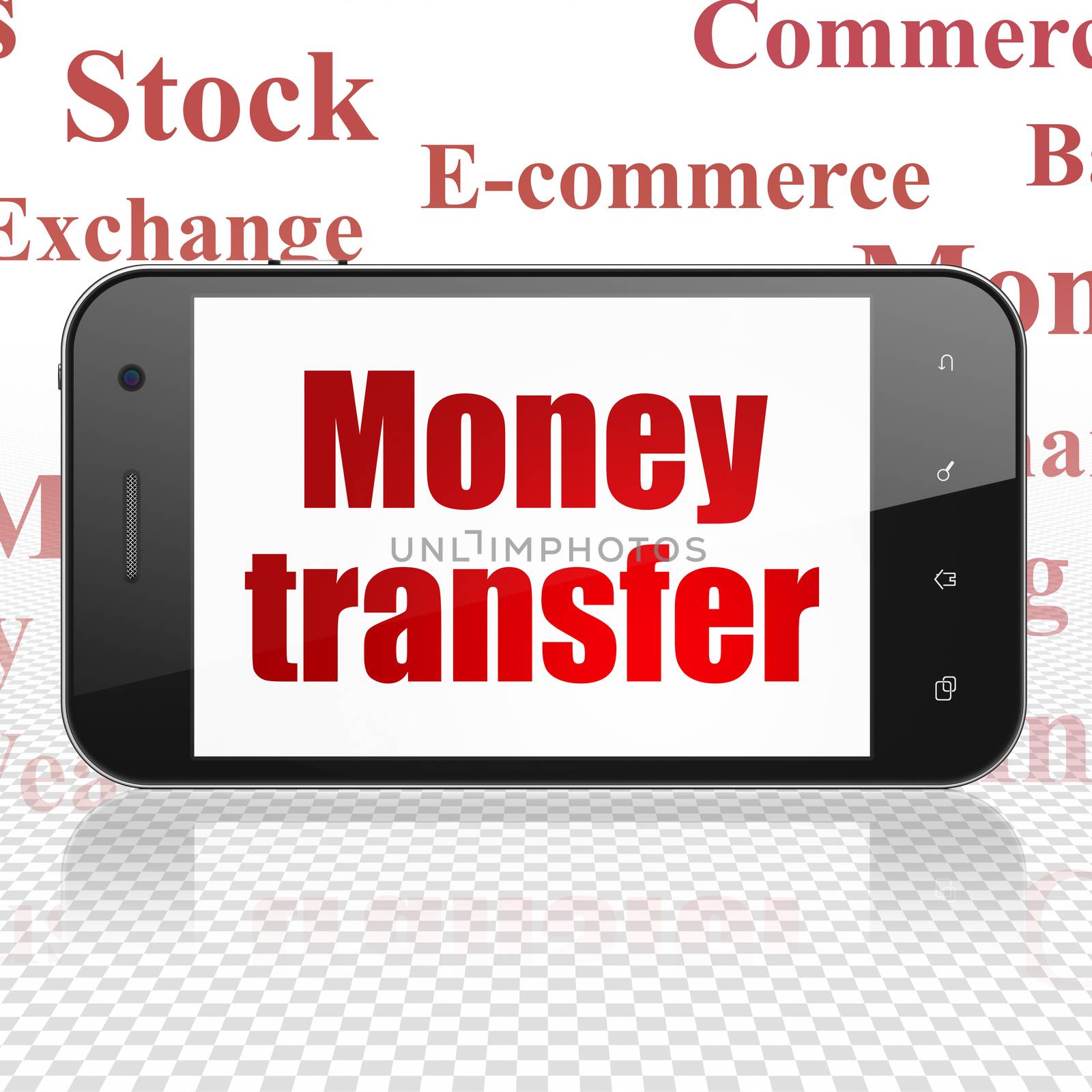 Money concept: Smartphone with  red text Money Transfer on display,  Tag Cloud background, 3D rendering