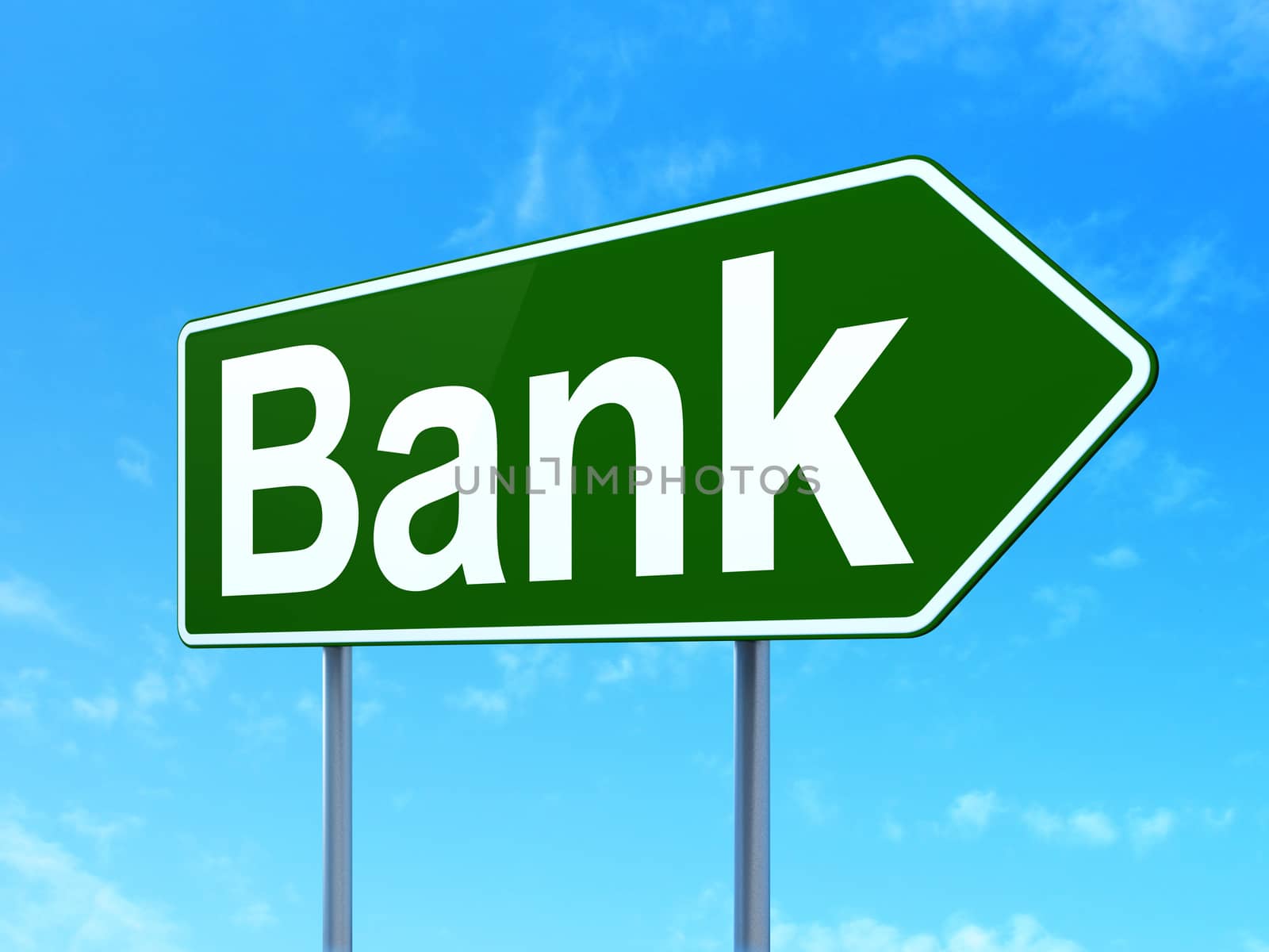 Currency concept: Bank on green road highway sign, clear blue sky background, 3D rendering