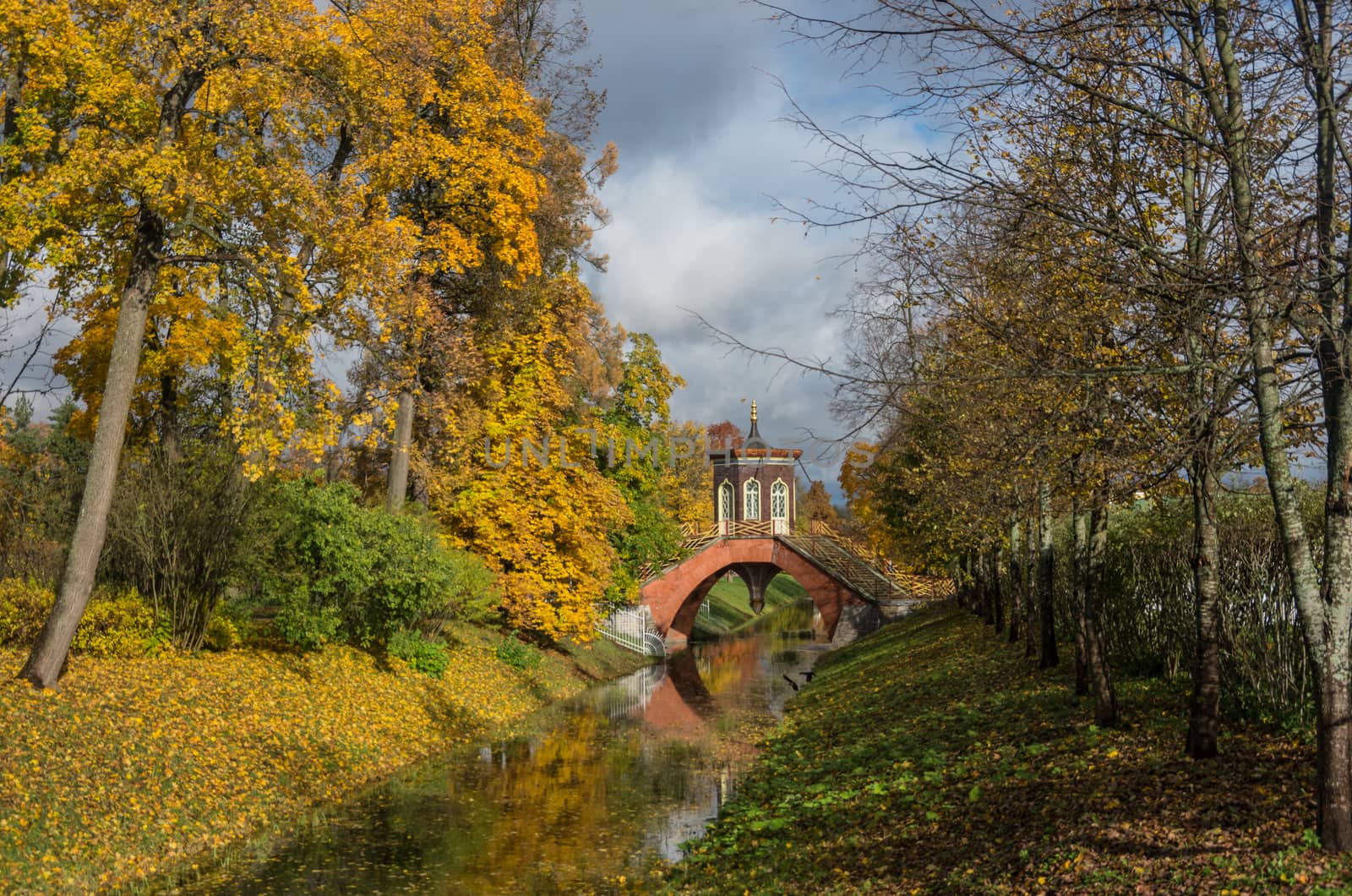 Krestovy bridge in autumn. Alexander Park of Pushkin, Tsarskoye Selo. Russia