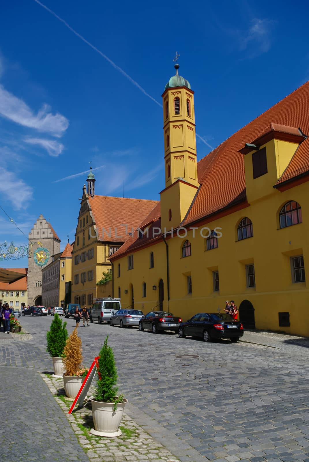 Dinkelsbuhl, Germany - August 28, 2010: Street view of Dinkelsbuhl, one of the archetypal towns on the German Romantic Road with traditional frameworks ( Fachwerk ) house.