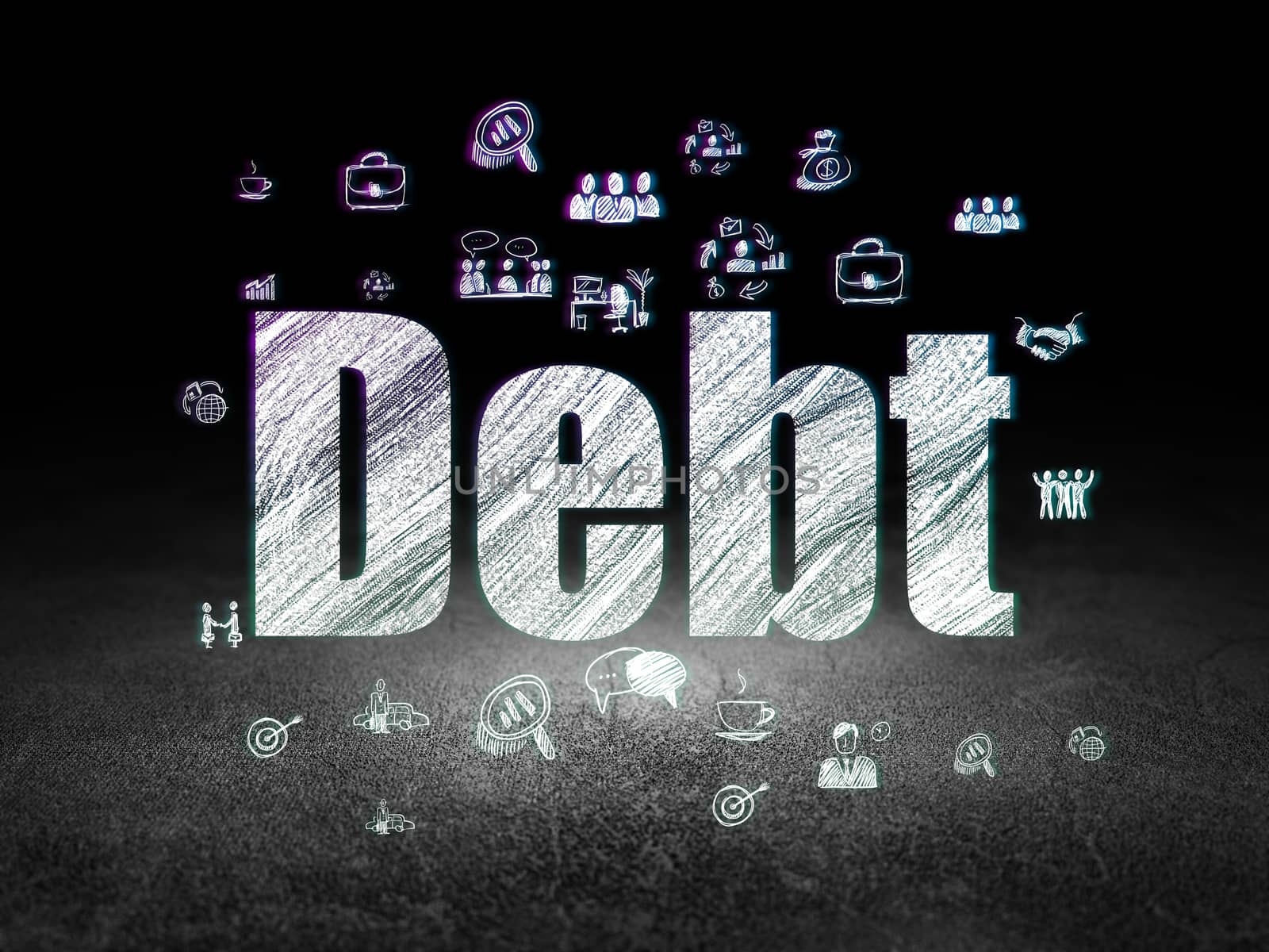 Finance concept: Glowing text Debt,  Hand Drawn Business Icons in grunge dark room with Dirty Floor, black background