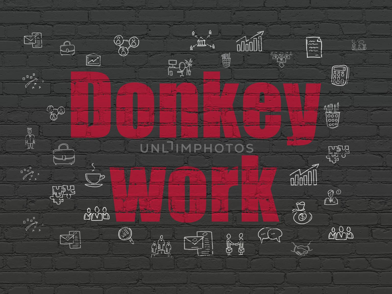 Finance concept: Painted red text Donkey Work on Black Brick wall background with  Hand Drawn Business Icons