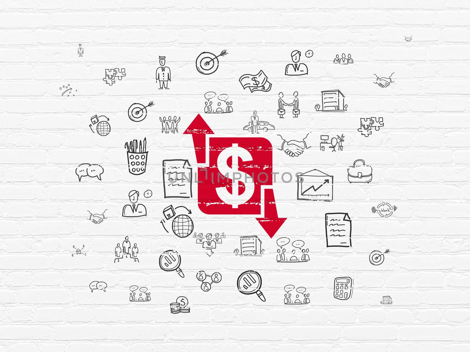 Business concept: Painted red Finance icon on White Brick wall background with  Hand Drawn Business Icons