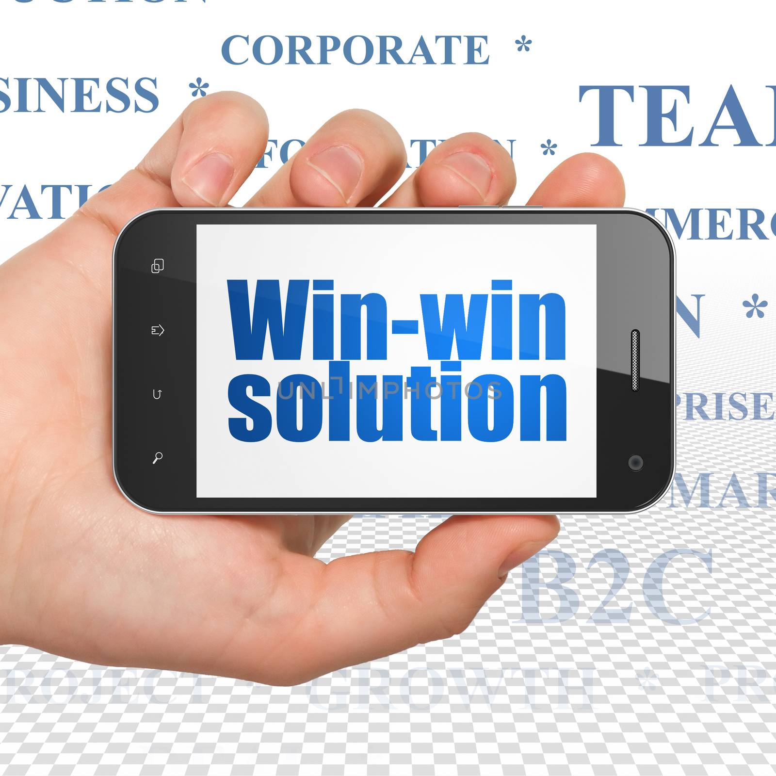 Business concept: Hand Holding Smartphone with  blue text Win-win Solution on display,  Tag Cloud background, 3D rendering