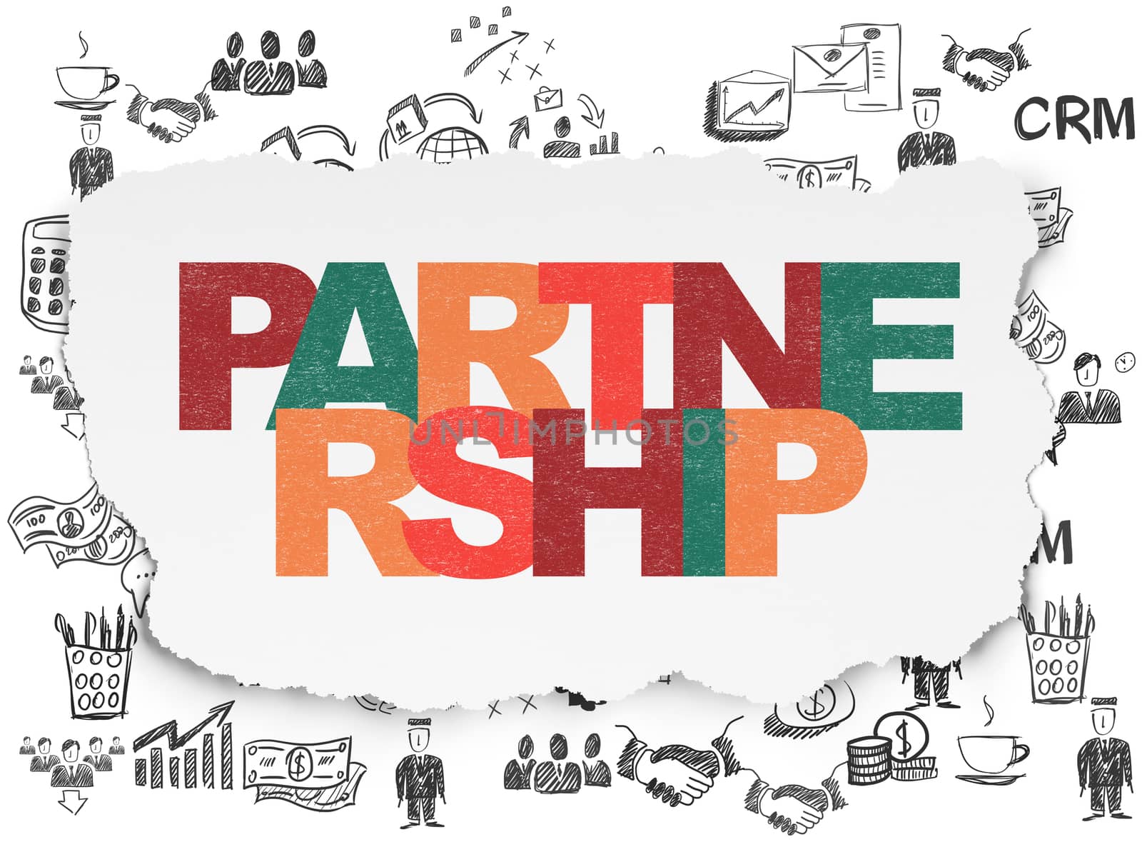 Finance concept: Painted multicolor text Partnership on Torn Paper background with  Hand Drawn Business Icons