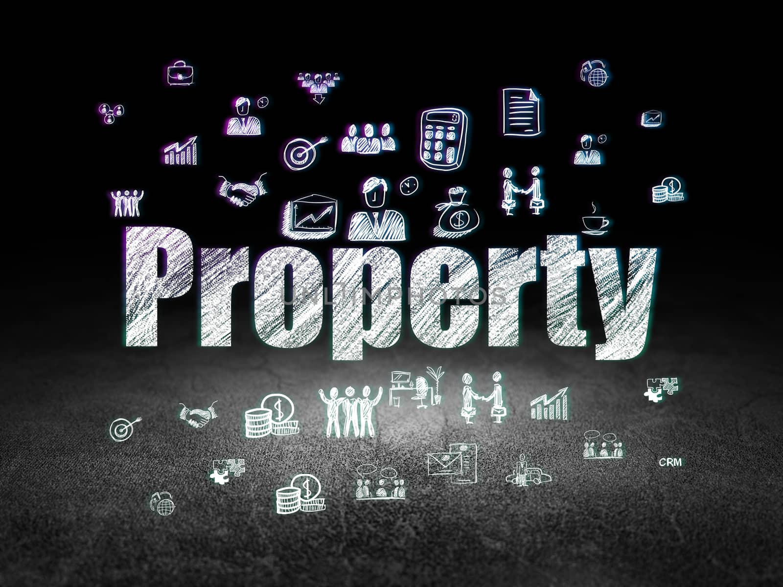 Business concept: Glowing text Property,  Hand Drawn Business Icons in grunge dark room with Dirty Floor, black background