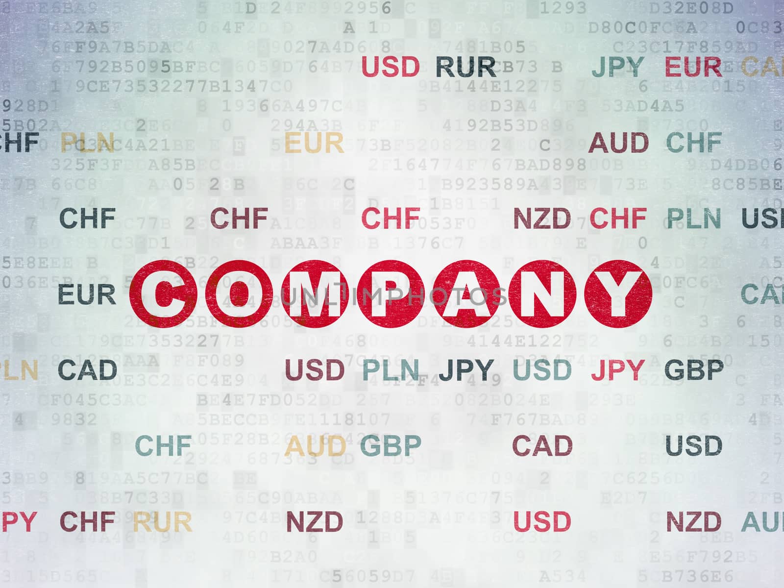 Business concept: Painted red text Company on Digital Data Paper background with Currency