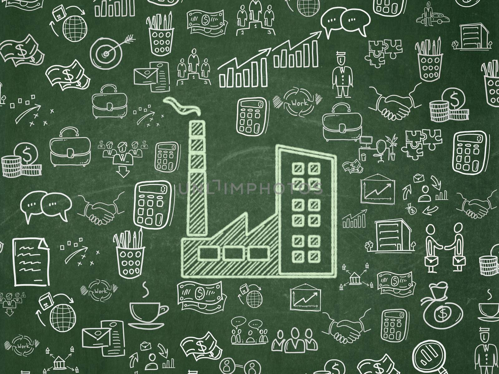Business concept: Chalk Green Industry Building icon on School board background with  Hand Drawn Business Icons, School Board