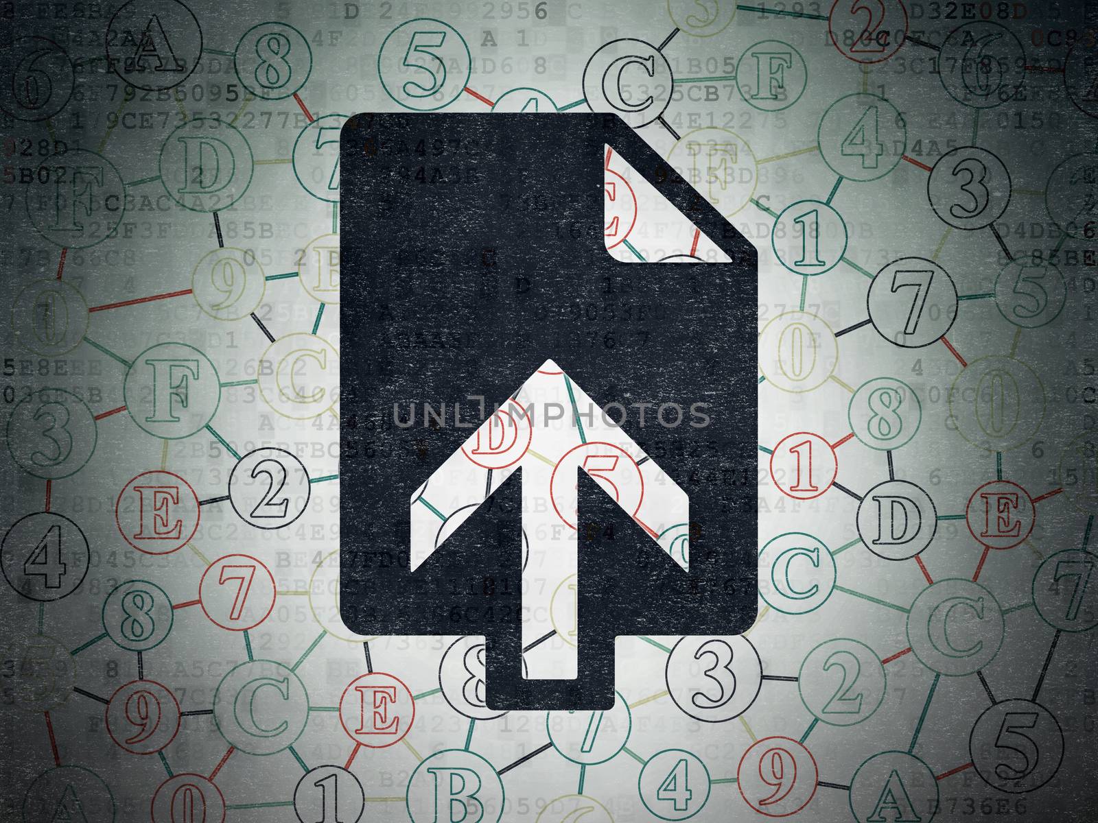 Web development concept: Painted black Upload icon on Digital Data Paper background with Scheme Of Hexadecimal Code