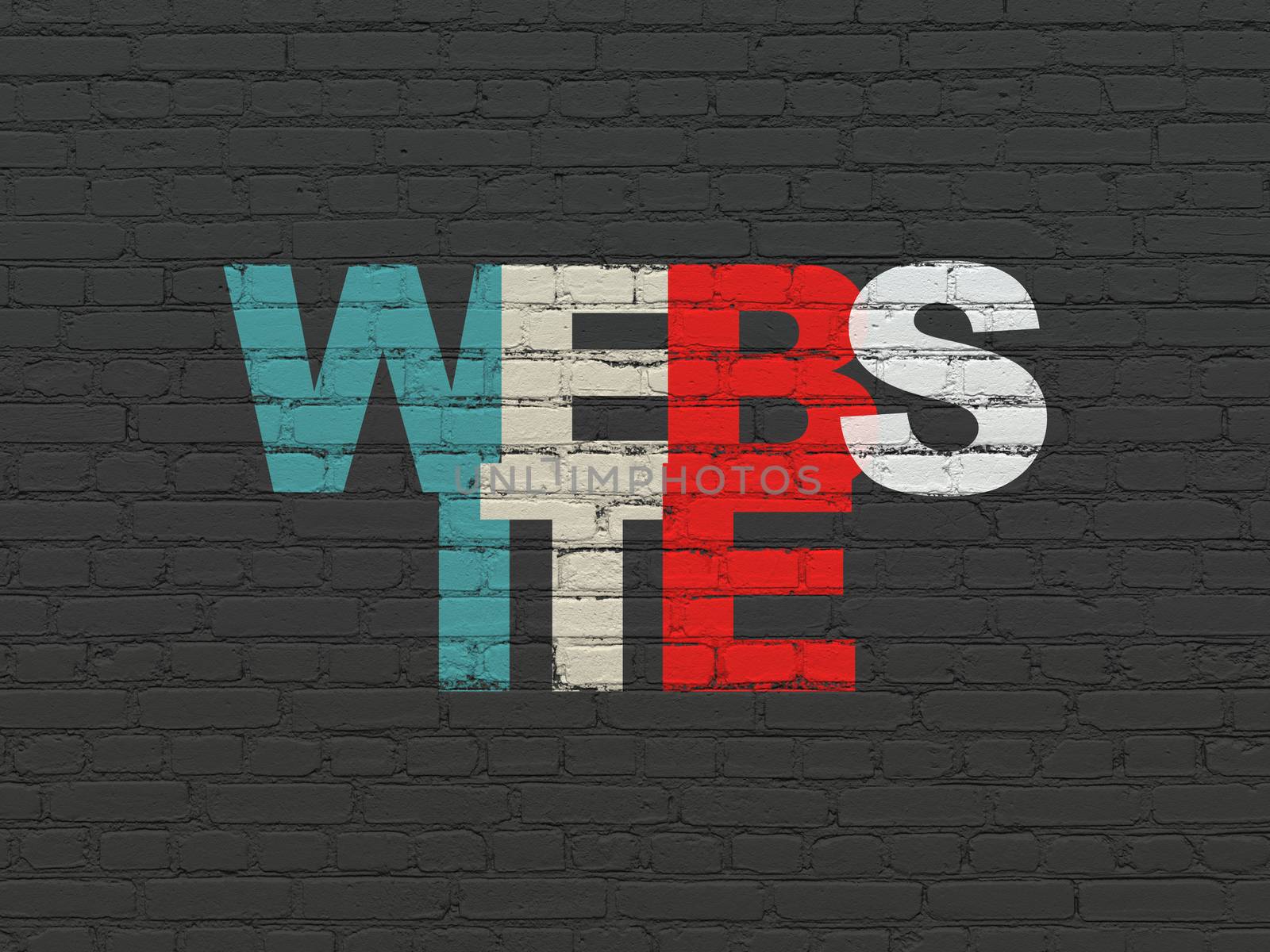 Web design concept: Painted multicolor text Website on Black Brick wall background