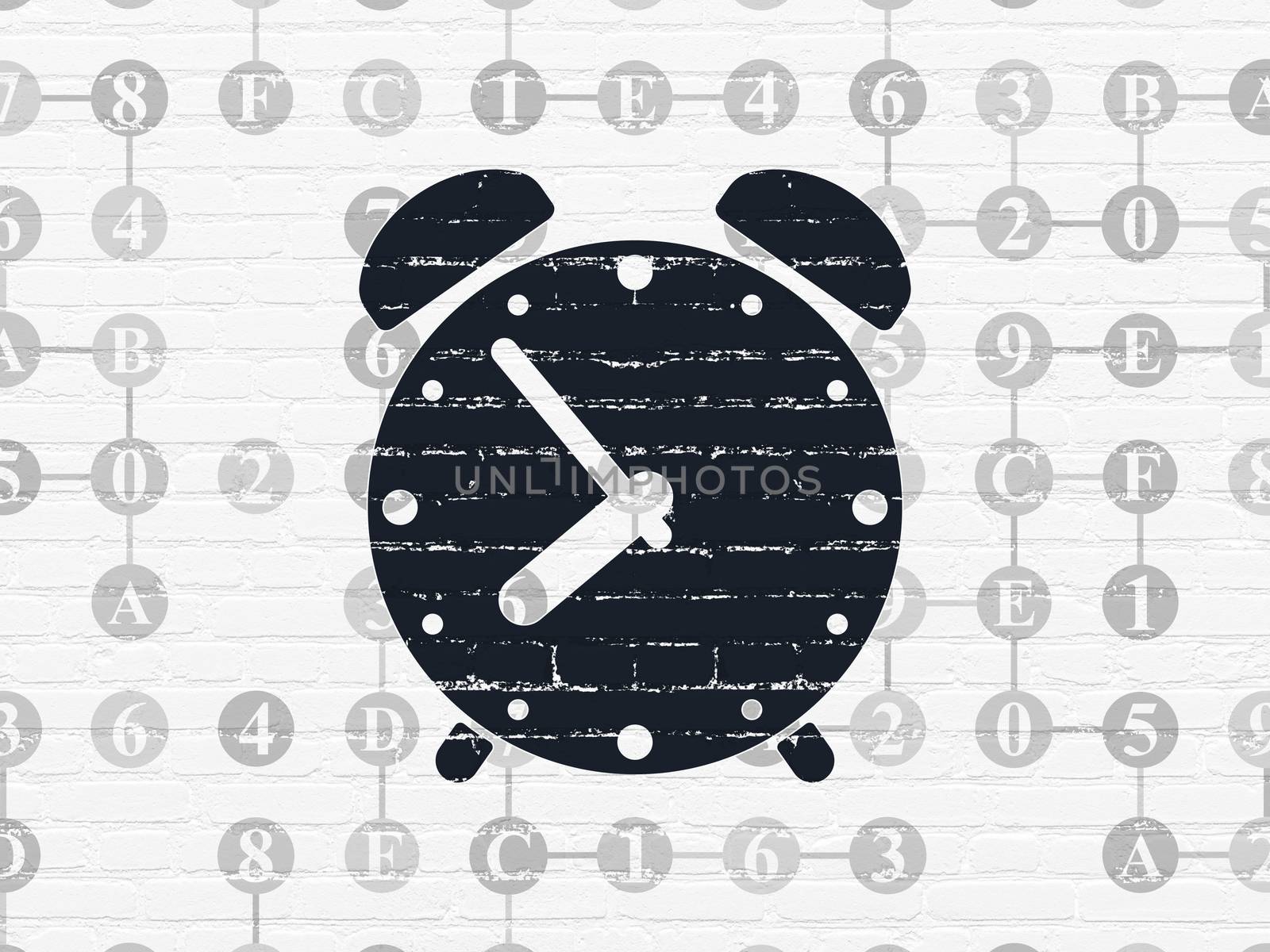 Timeline concept: Painted black Alarm Clock icon on White Brick wall background with Scheme Of Hexadecimal Code