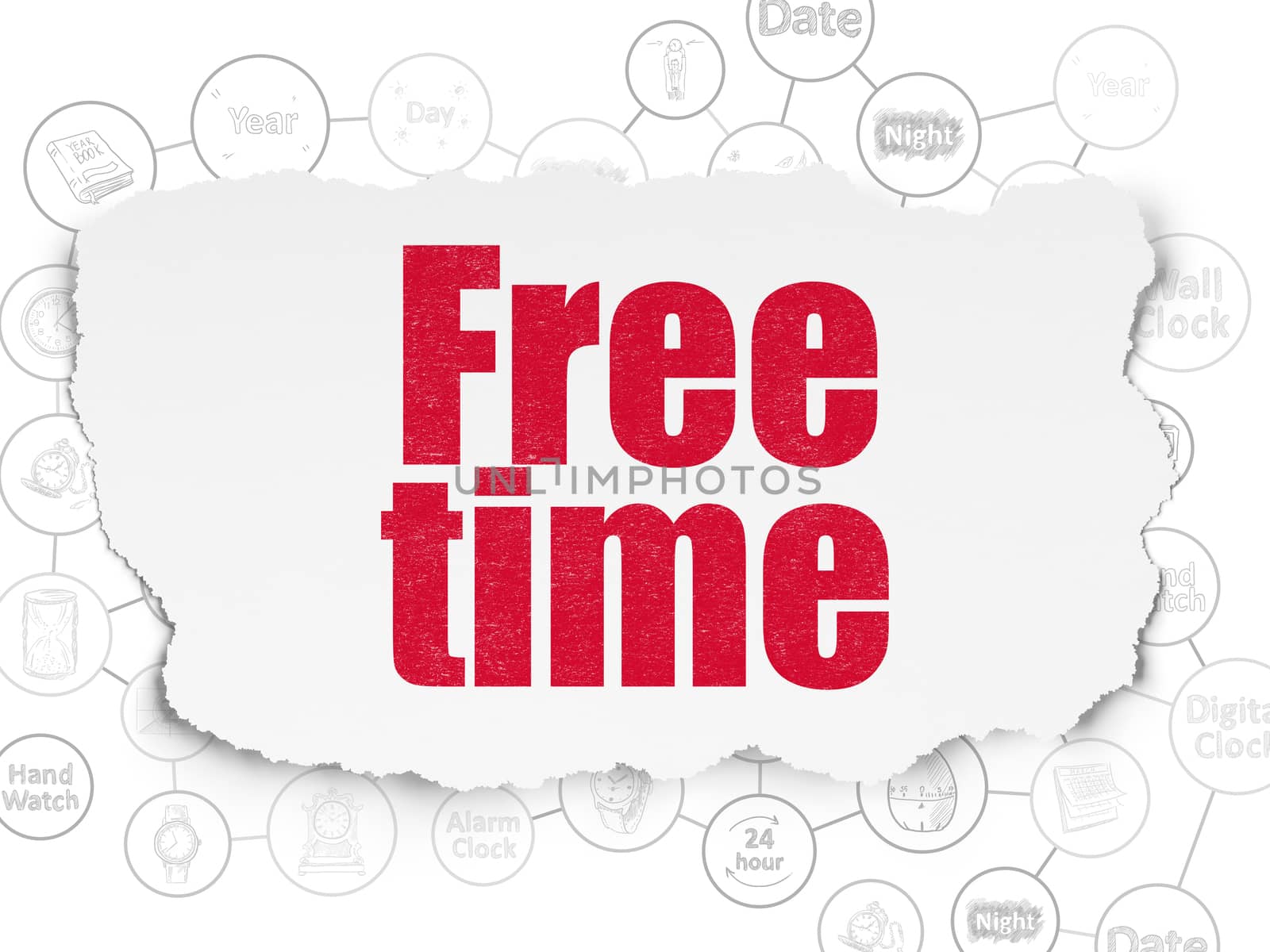 Time concept: Painted red text Free Time on Torn Paper background with Scheme Of Hand Drawing Time Icons