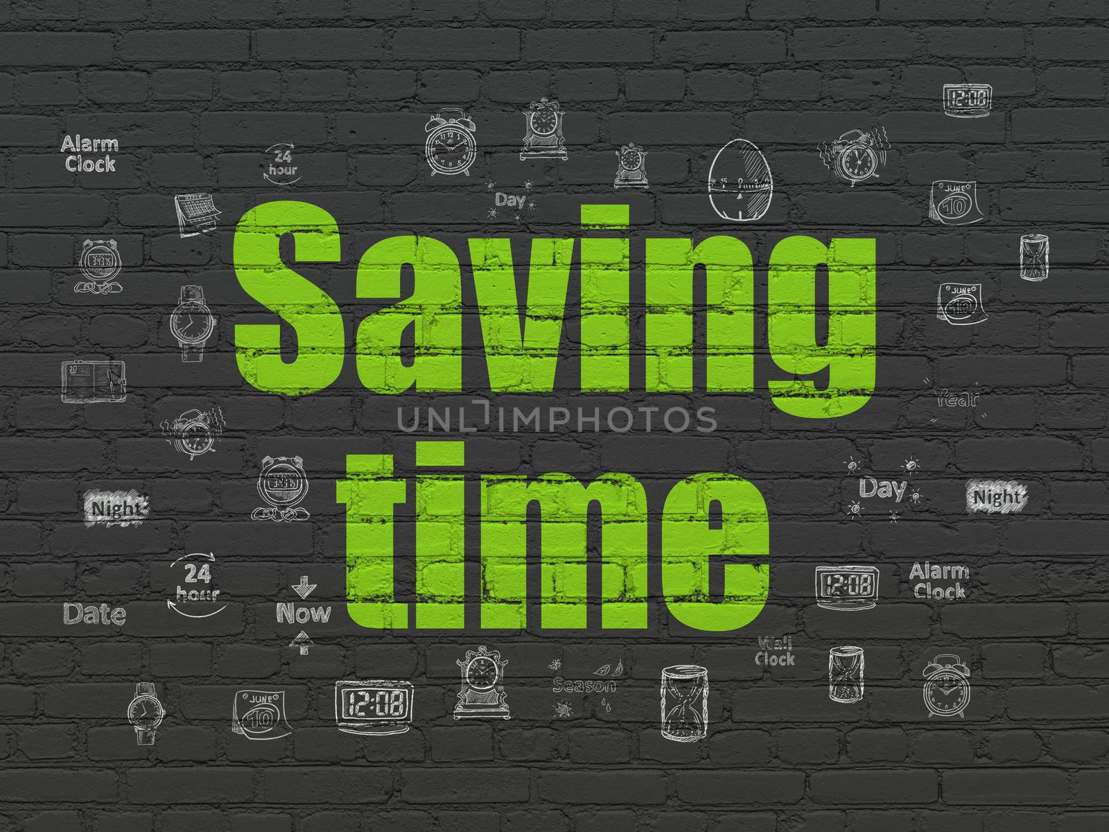 Timeline concept: Painted green text Saving Time on Black Brick wall background with  Hand Drawing Time Icons