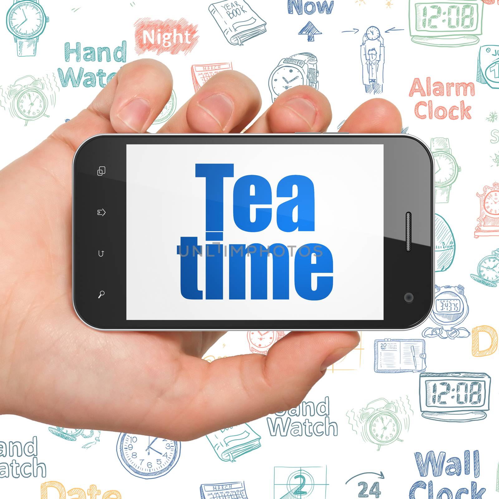 Timeline concept: Hand Holding Smartphone with  blue text Tea Time on display,  Hand Drawing Time Icons background, 3D rendering