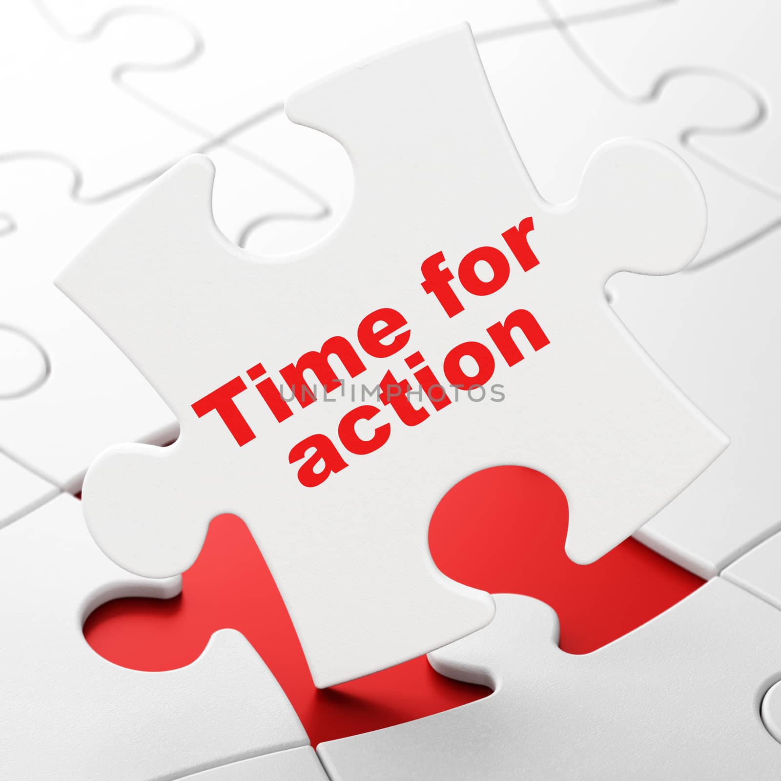 Timeline concept: Time For Action on White puzzle pieces background, 3D rendering
