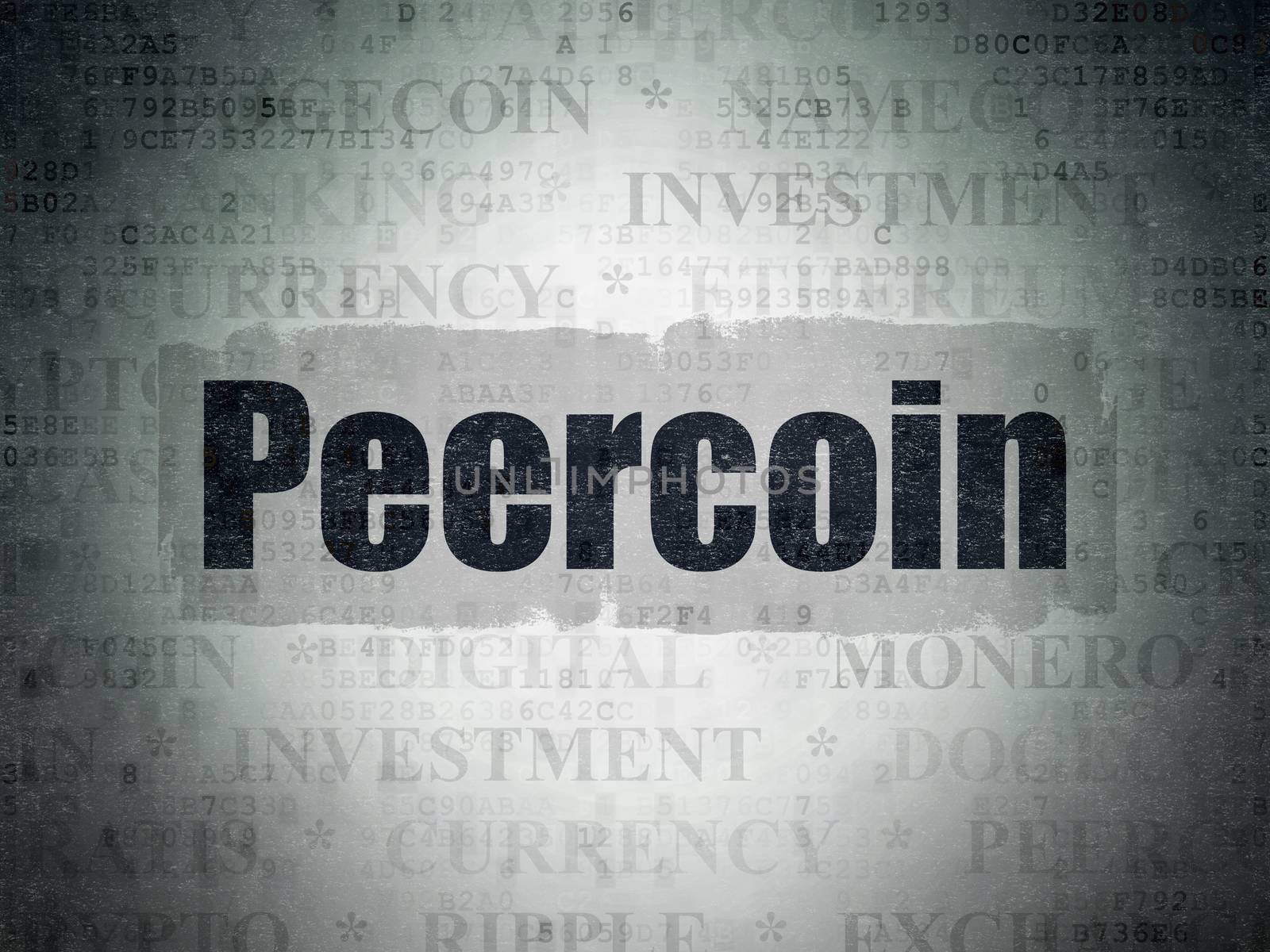 Blockchain concept: Painted black text Peercoin on Digital Data Paper background with   Tag Cloud