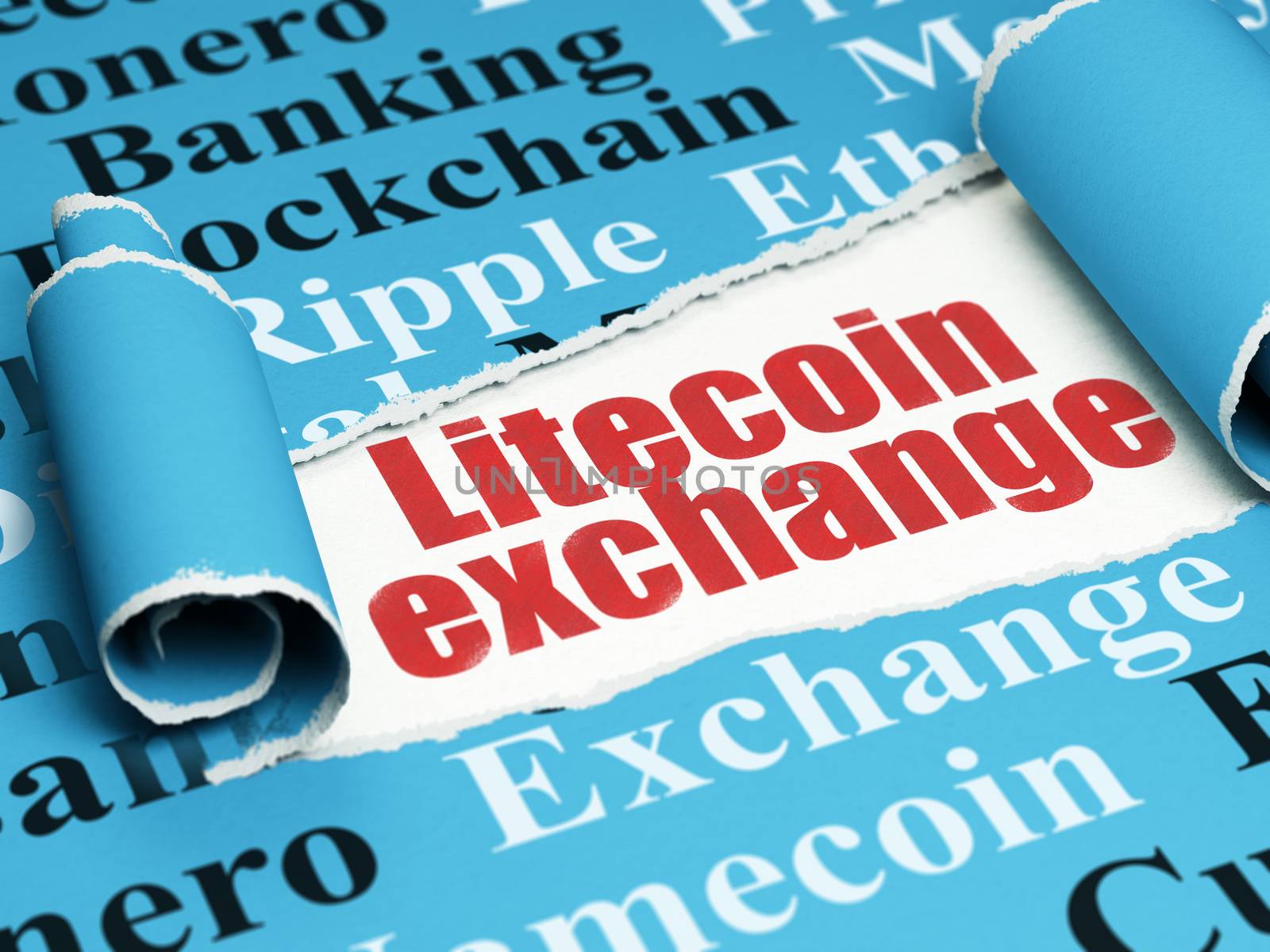 Blockchain concept: red text Litecoin Exchange under the piece of  torn paper by maxkabakov