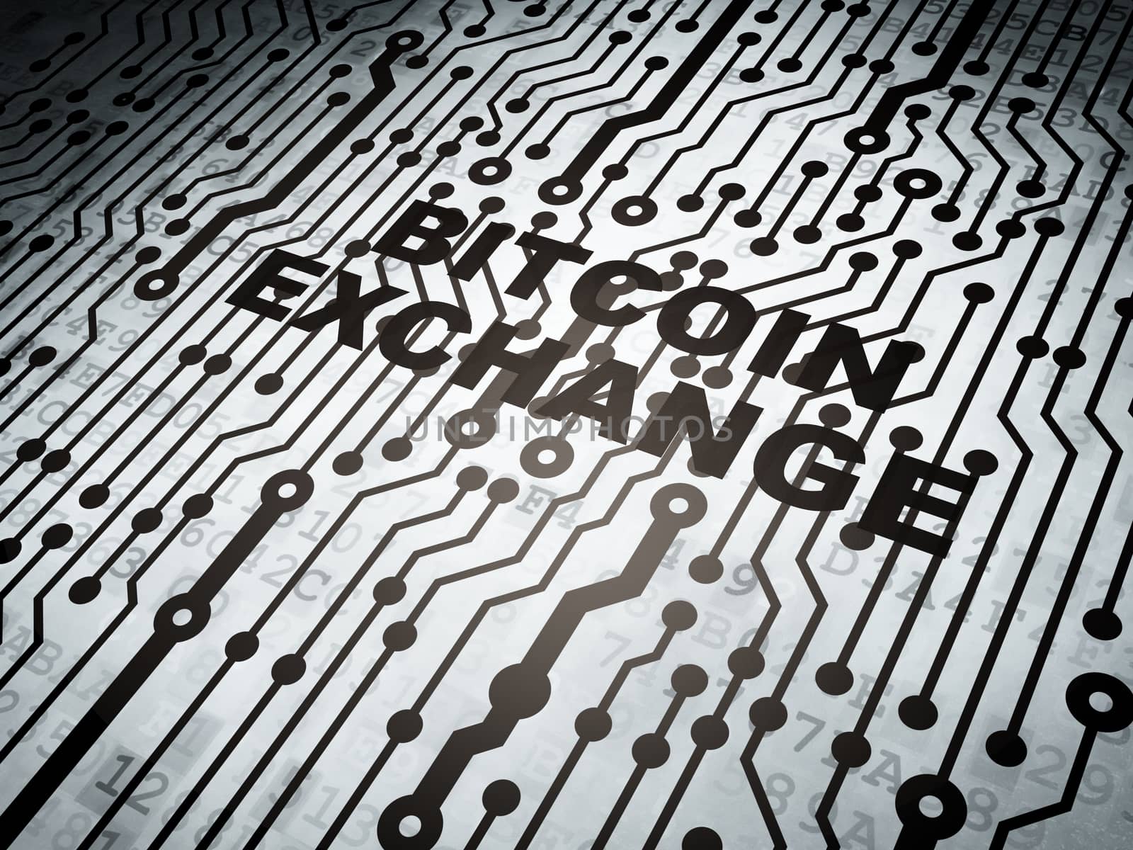 Cryptocurrency concept: circuit board with  word Bitcoin Exchange, 3D rendering