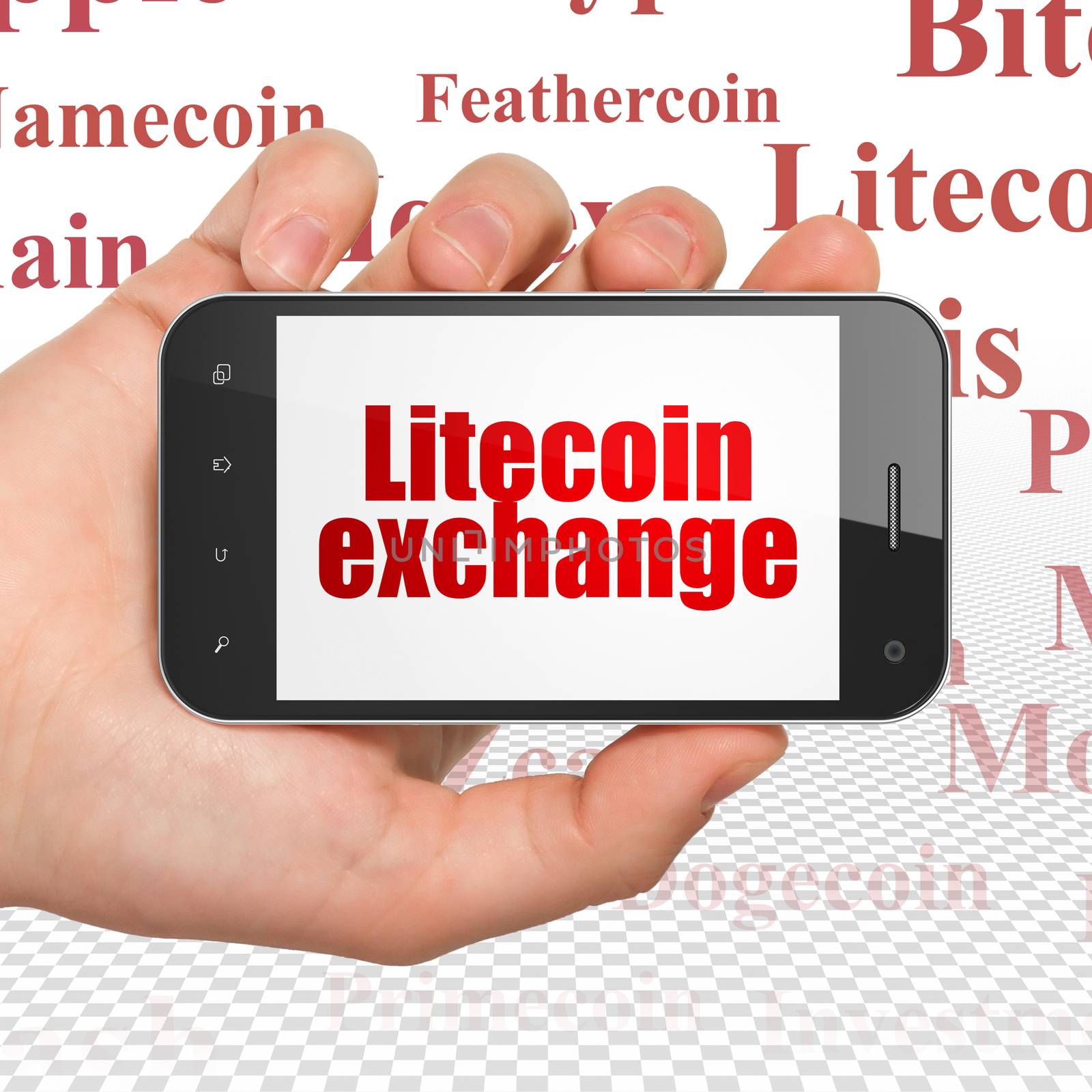 Blockchain concept: Hand Holding Smartphone with  red text Litecoin Exchange on display,  Tag Cloud background, 3D rendering