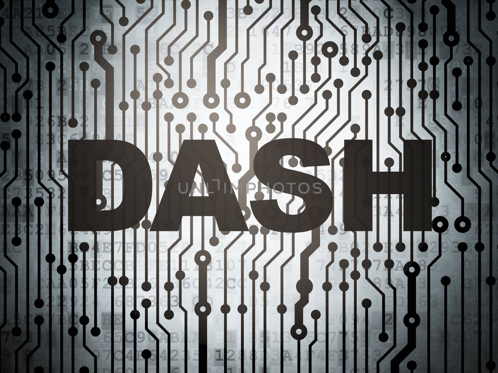 Blockchain concept: circuit board with  word Dash, 3D rendering
