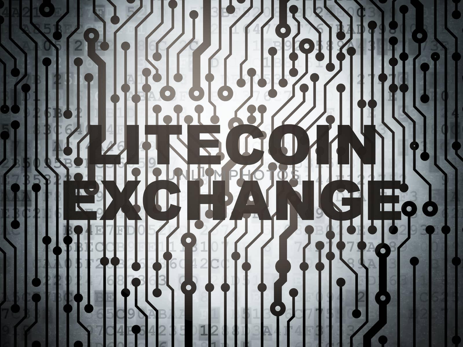 Cryptocurrency concept: circuit board with  word Litecoin Exchange, 3D rendering