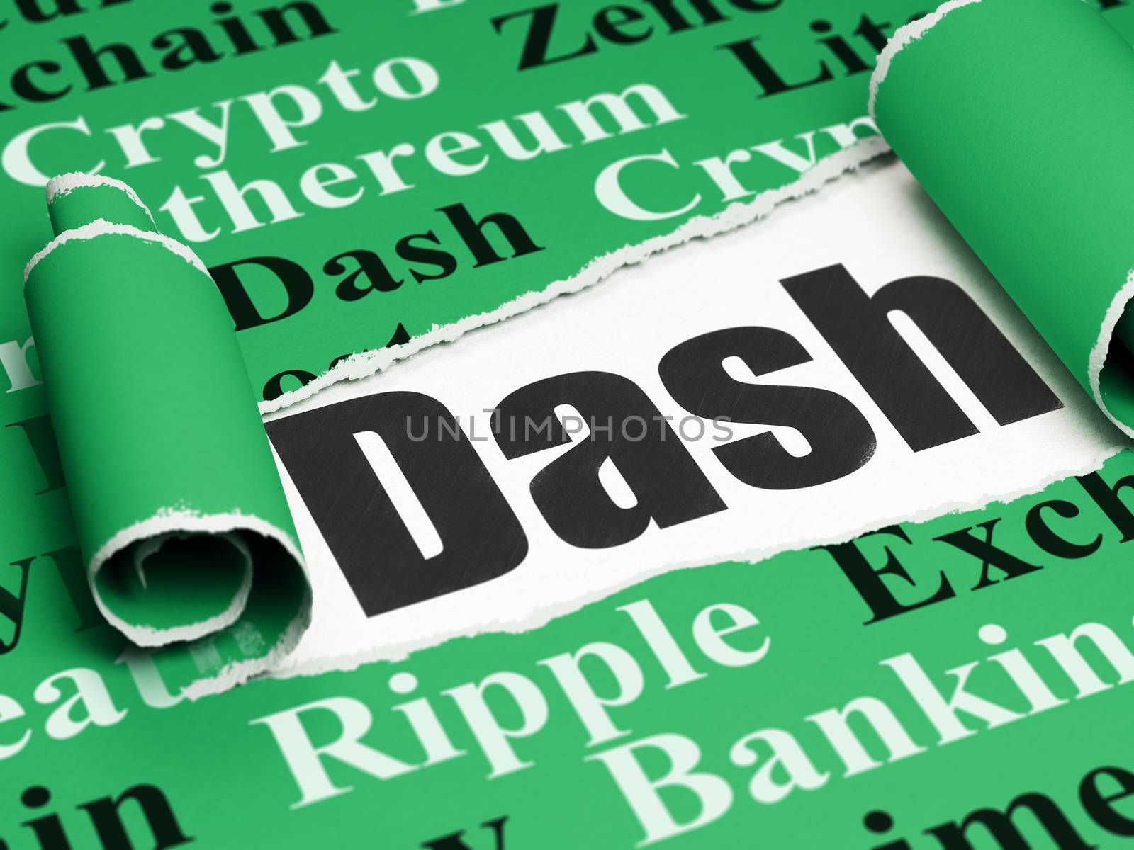 Cryptocurrency concept: black text Dash under the curled piece of Green torn paper with  Tag Cloud, 3D rendering