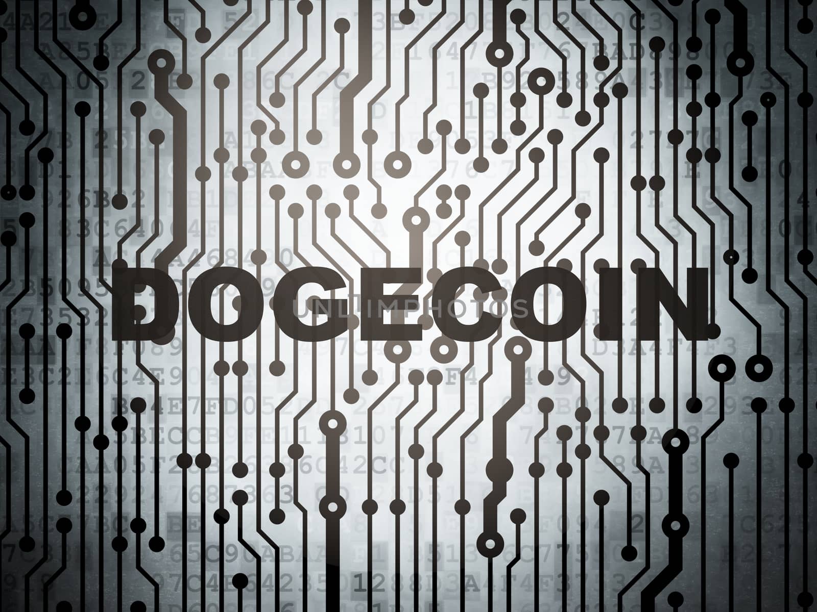 Cryptocurrency concept: circuit board with  word Dogecoin, 3D rendering
