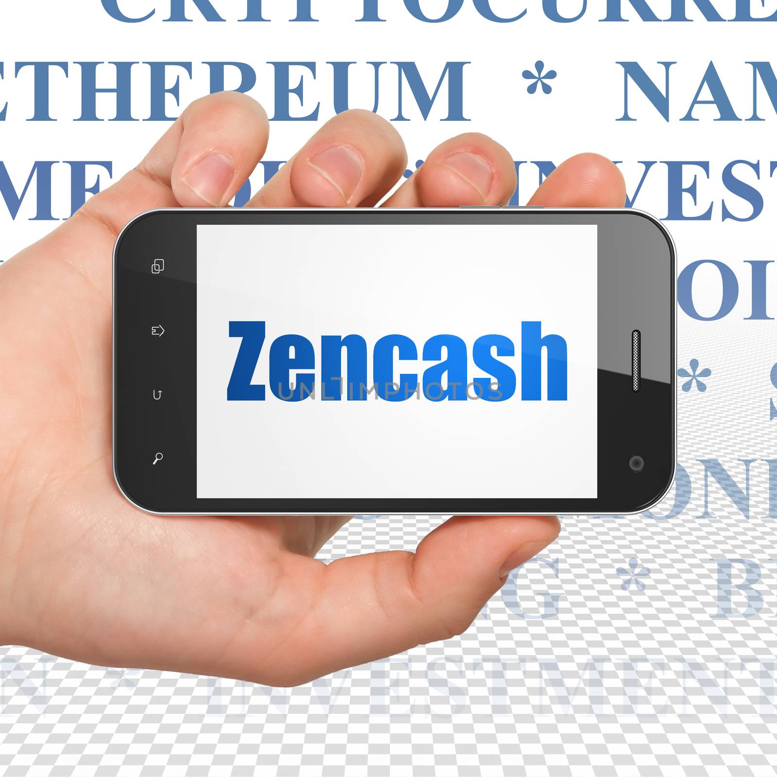 Cryptocurrency concept: Hand Holding Smartphone with  blue text Zencash on display,  Tag Cloud background, 3D rendering
