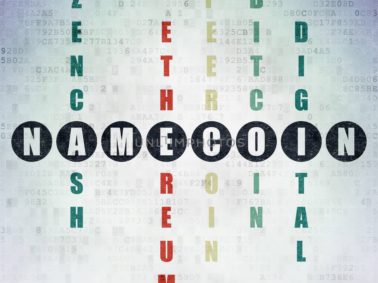 Cryptocurrency concept: Painted black word Namecoin in solving Crossword Puzzle on Digital Data Paper background