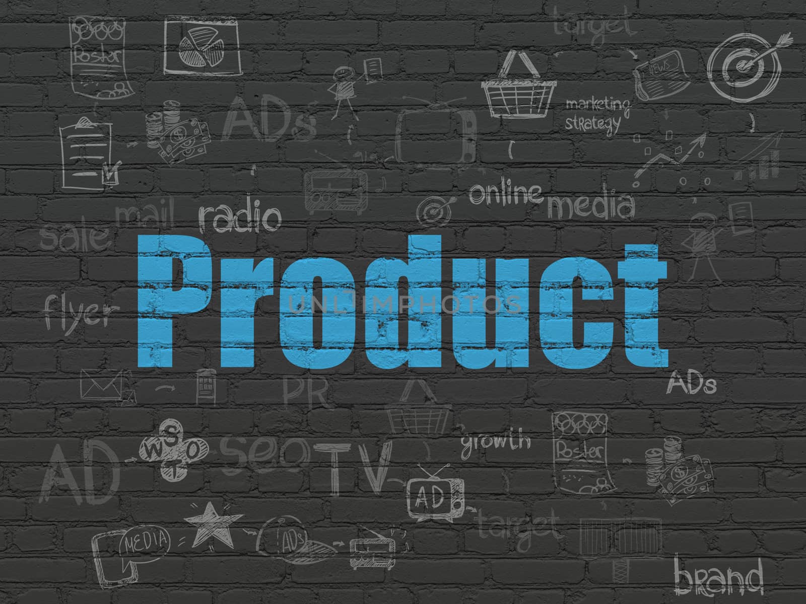 Advertising concept: Painted blue text Product on Black Brick wall background with Scheme Of Hand Drawn Marketing Icons