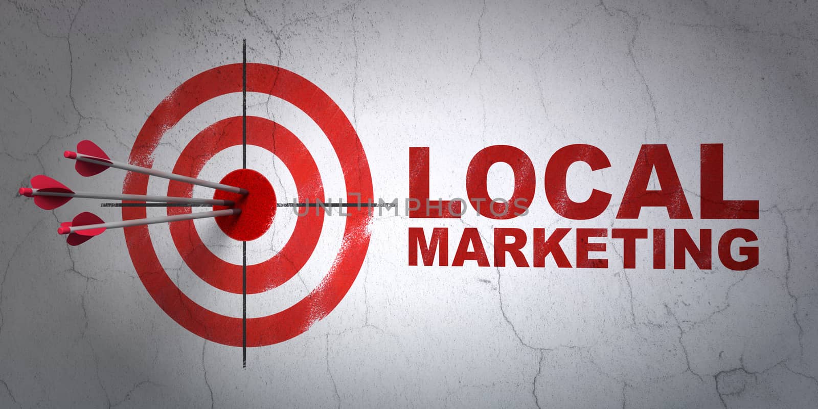 Success marketing concept: arrows hitting the center of target, Red Local Marketing on wall background, 3D rendering