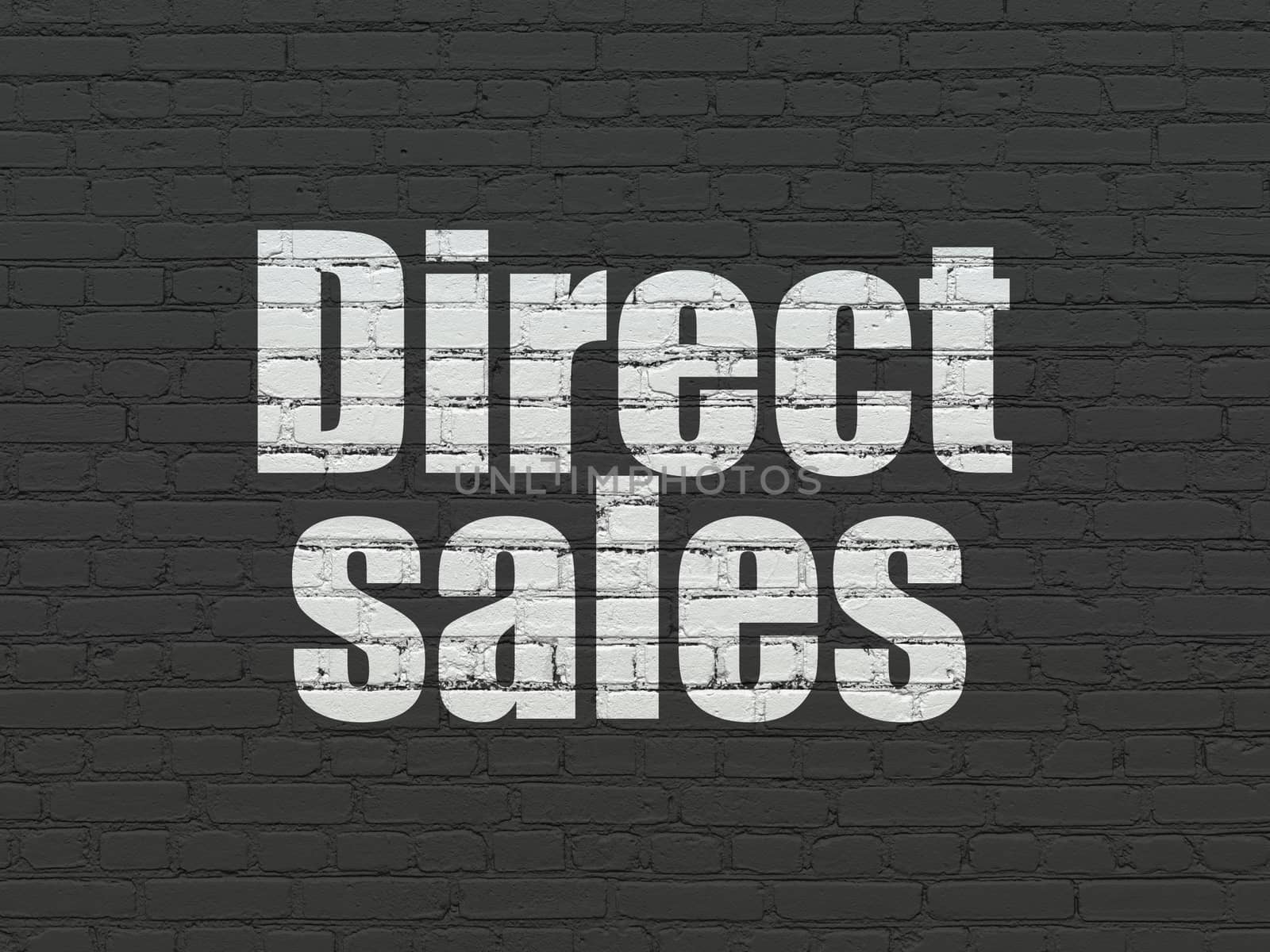 Advertising concept: Painted white text Direct Sales on Black Brick wall background