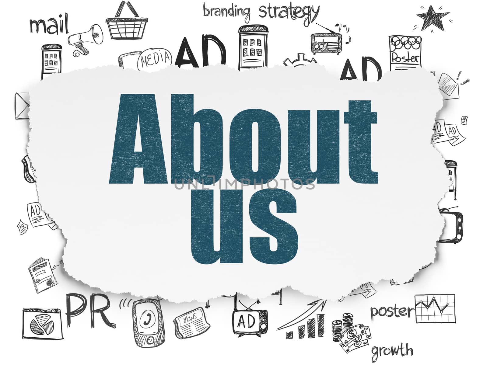 Marketing concept: Painted blue text About Us on Torn Paper background with  Hand Drawn Marketing Icons