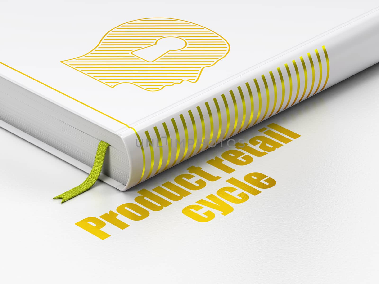 Marketing concept: closed book with Gold Head With Keyhole icon and text Product retail Cycle on floor, white background, 3D rendering