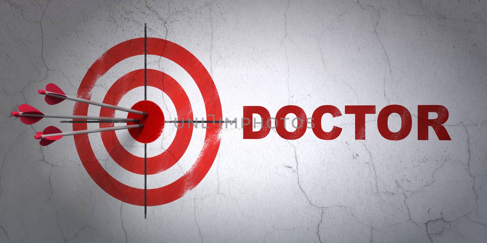 Success Healthcare concept: arrows hitting the center of target, Red Doctor on wall background, 3D rendering