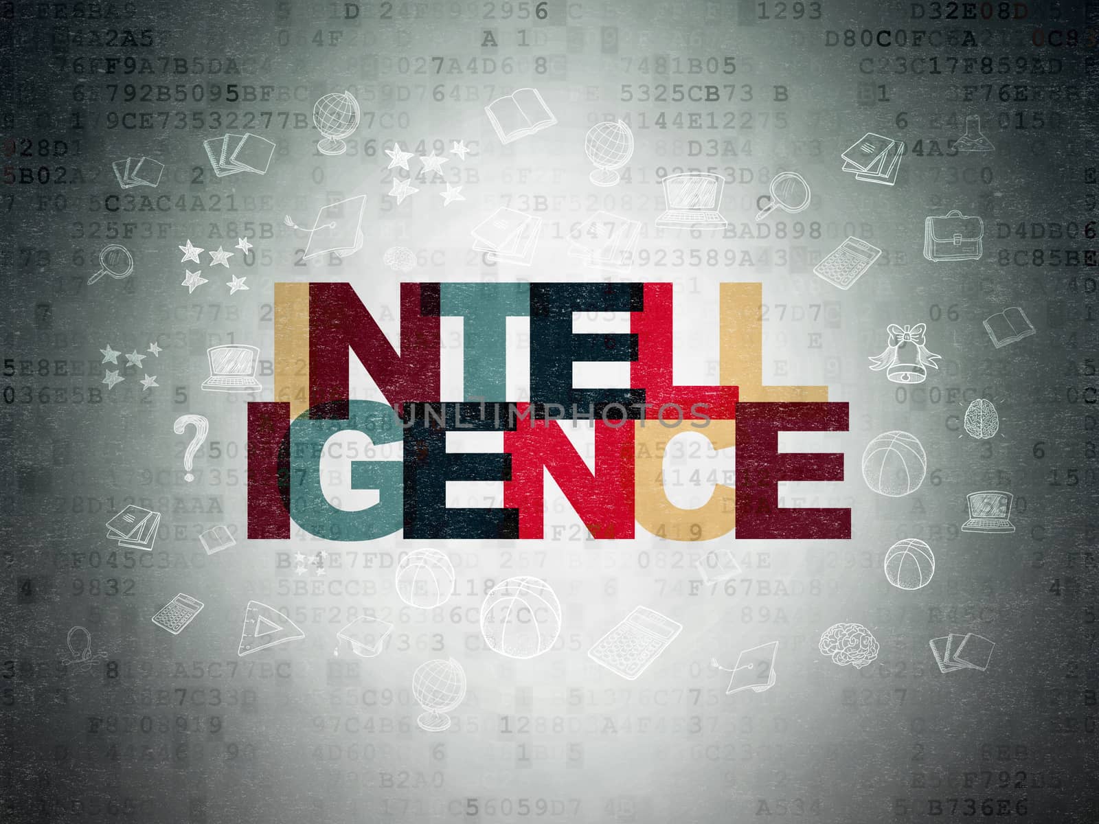 Studying concept: Painted multicolor text Intelligence on Digital Data Paper background with  Hand Drawn Education Icons