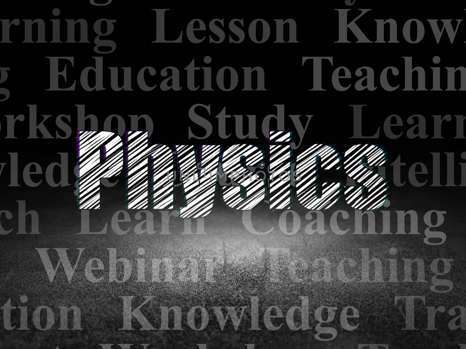 Studying concept: Glowing text Physics in grunge dark room with Dirty Floor, black background with  Tag Cloud