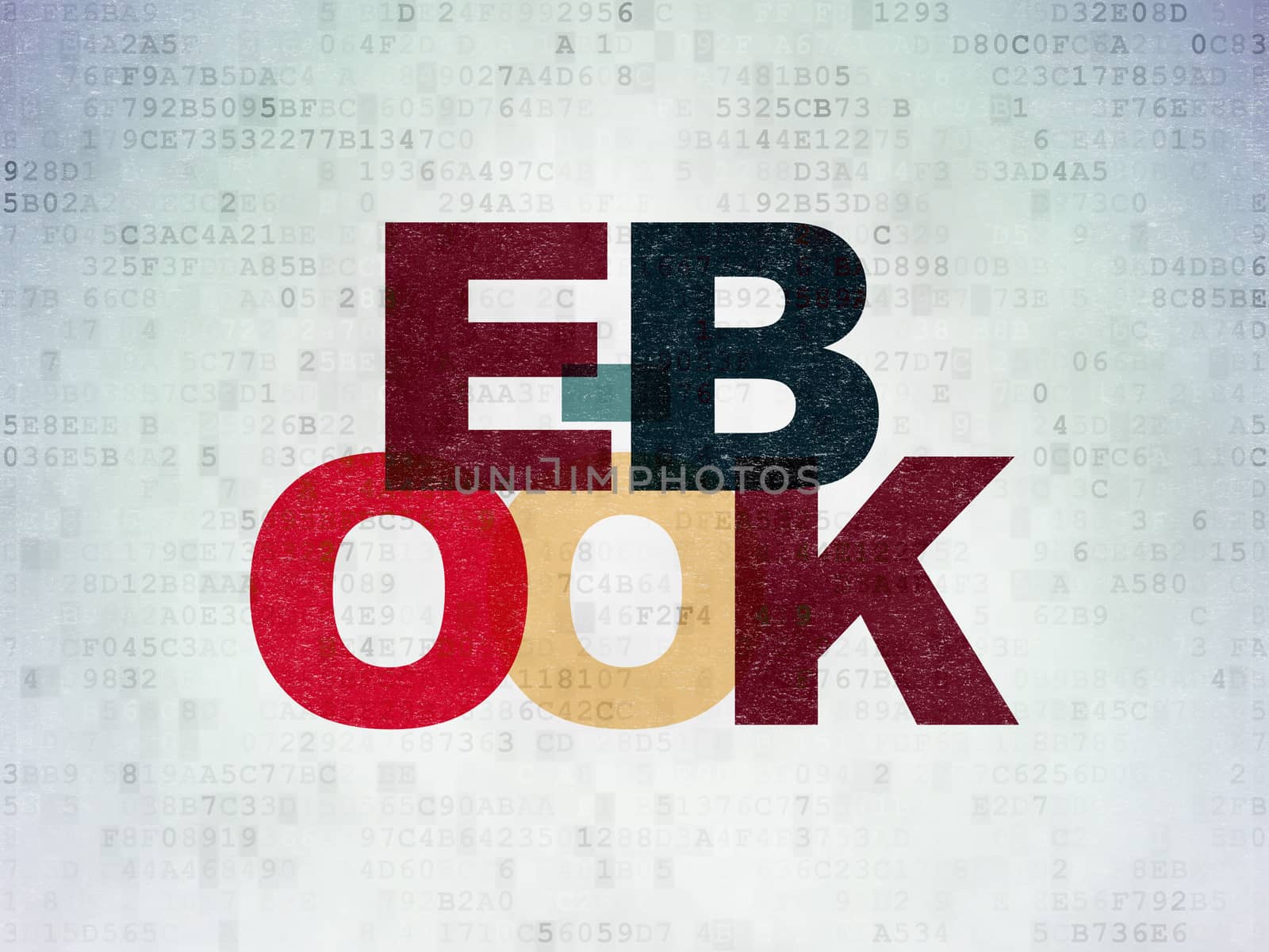 Studying concept: Painted multicolor text E-Book on Digital Data Paper background