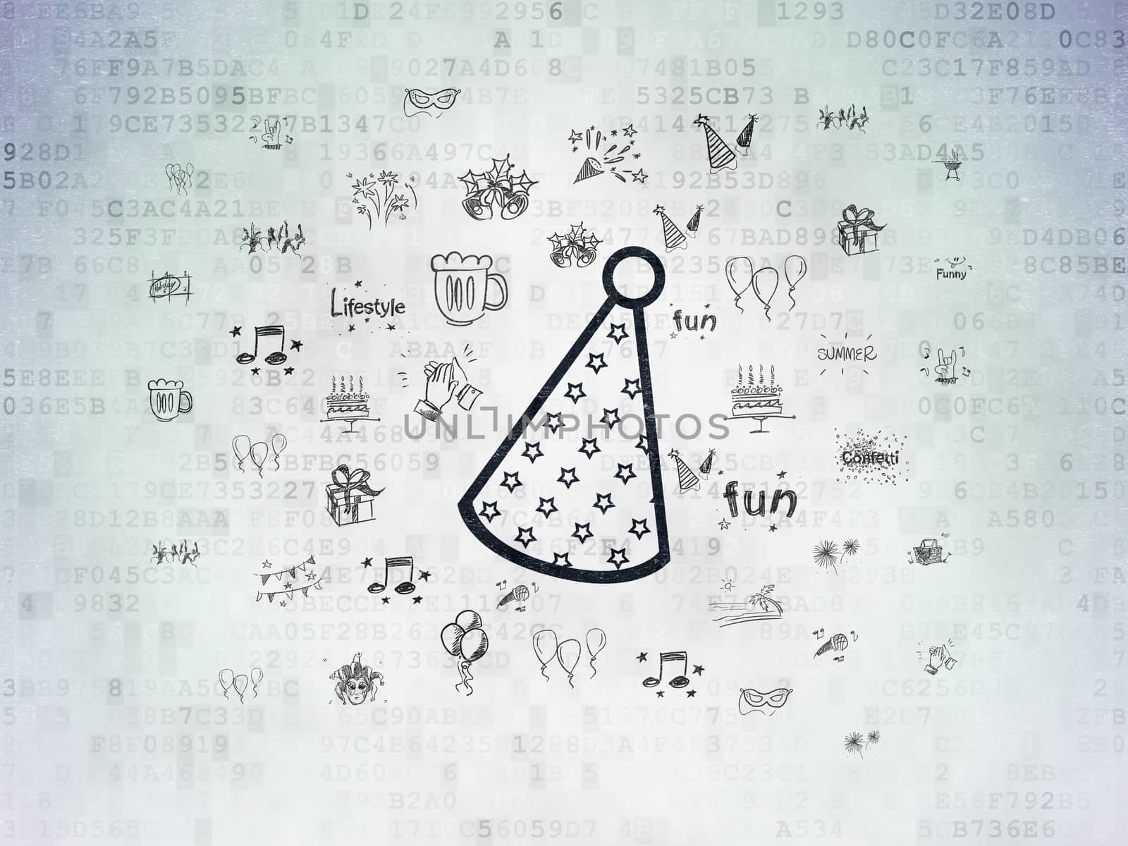 Entertainment, concept: Painted black Party Hat icon on Digital Data Paper background with  Hand Drawn Holiday Icons