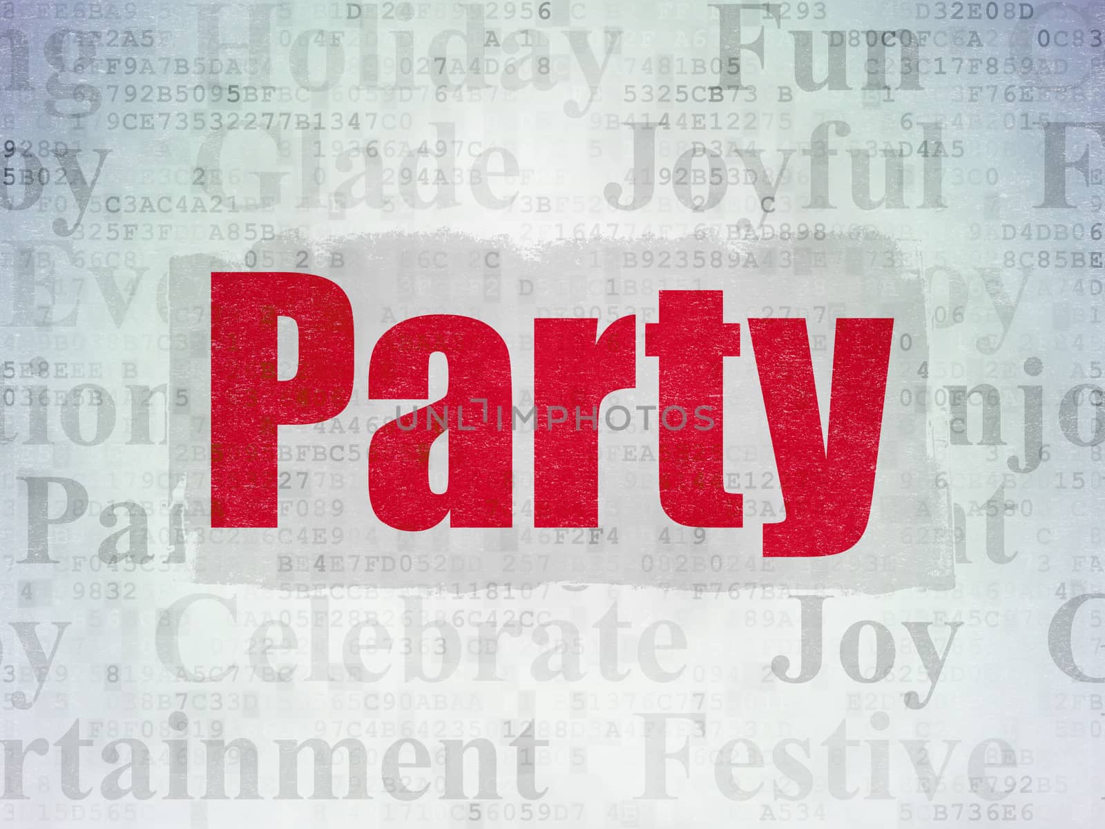 Holiday concept: Painted red text Party on Digital Data Paper background with   Tag Cloud