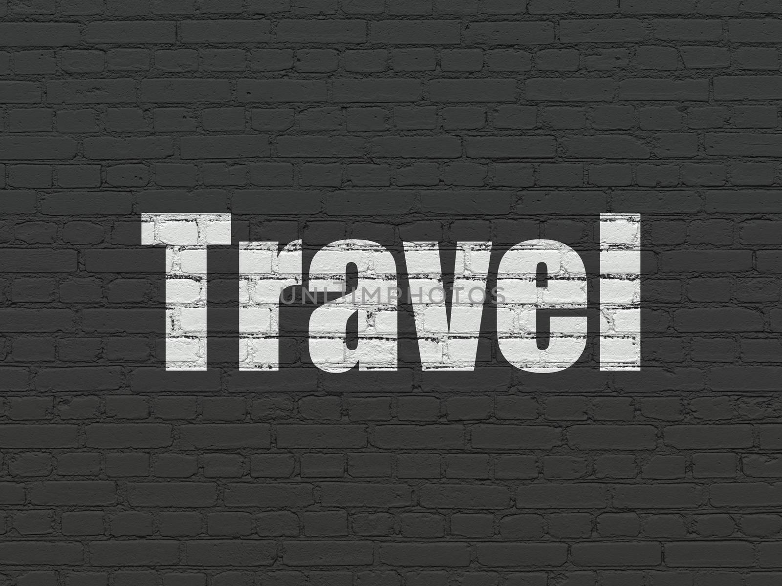 Holiday concept: Painted white text Travel on Black Brick wall background