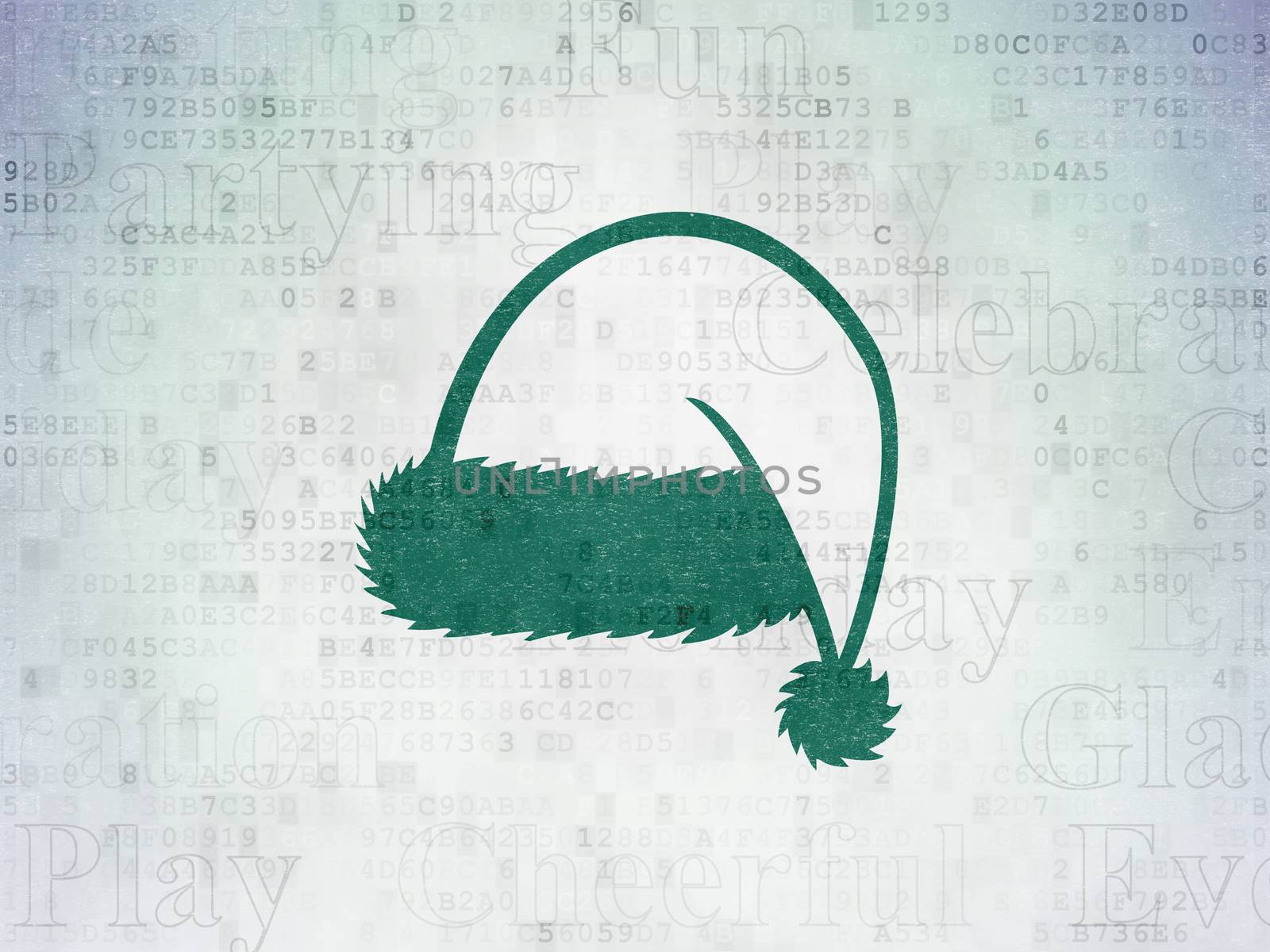 Holiday concept: Painted green Christmas Hat icon on Digital Data Paper background with  Tag Cloud