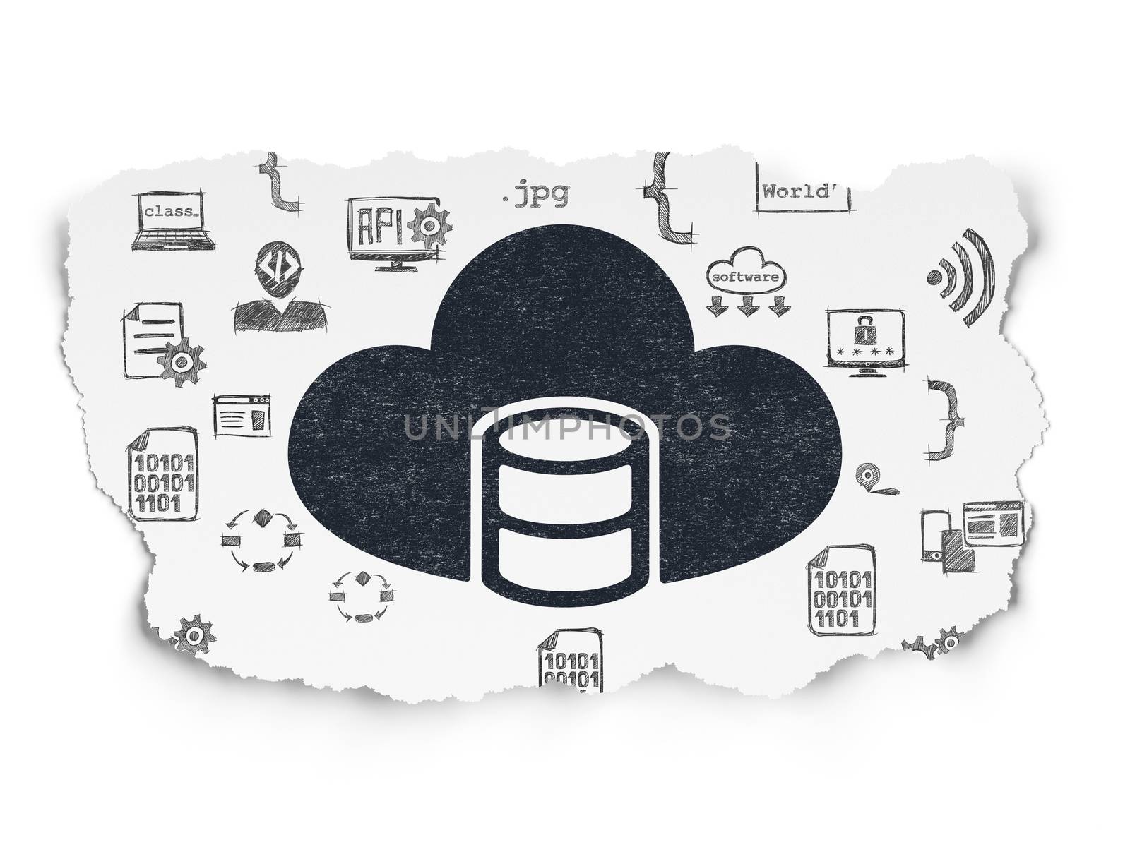 Database concept: Painted black Database With Cloud icon on Torn Paper background with  Hand Drawn Programming Icons