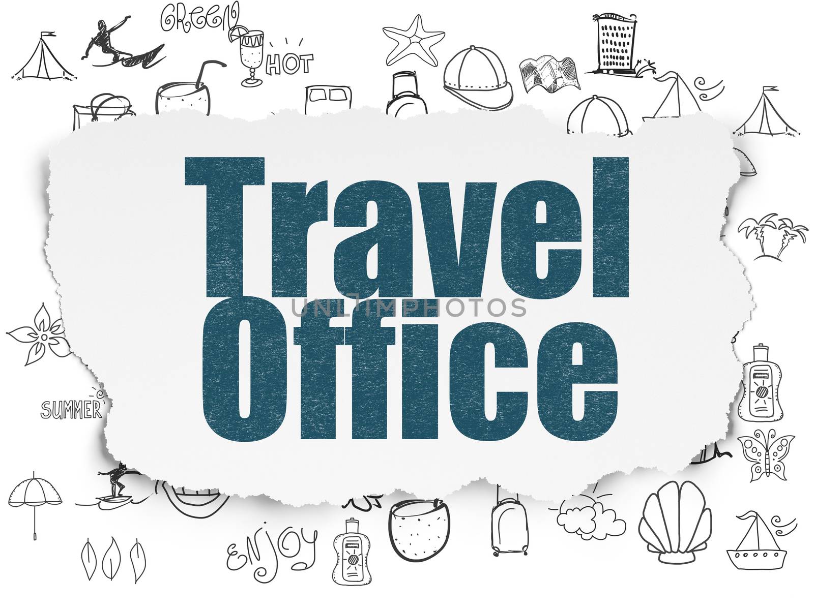 Travel concept: Painted blue text Travel Office on Torn Paper background with  Hand Drawn Vacation Icons