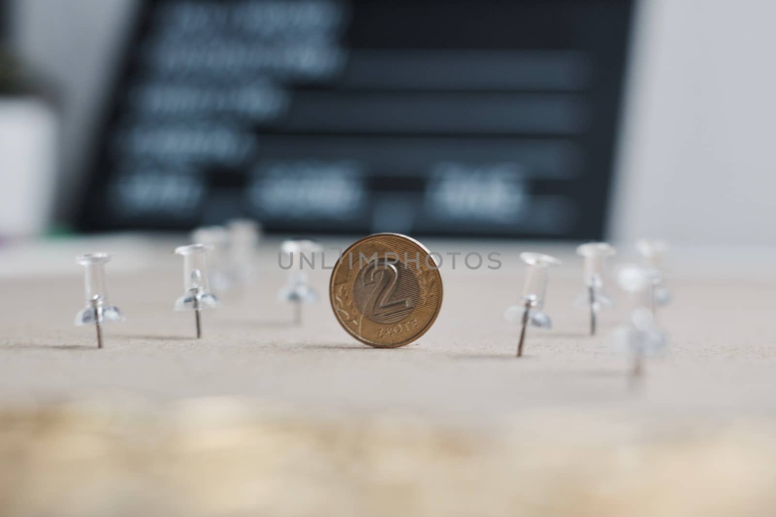 Physical polish coin near cinema board. Polish money lifestyle concept.