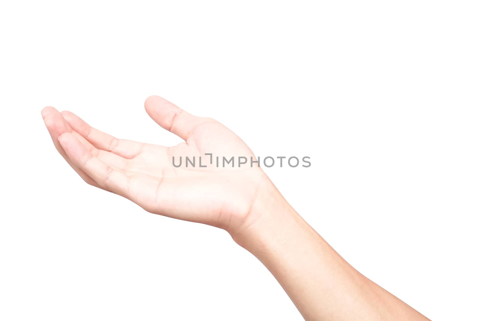 Man hands holding something isolated on white background for product advertising concept, clipping path