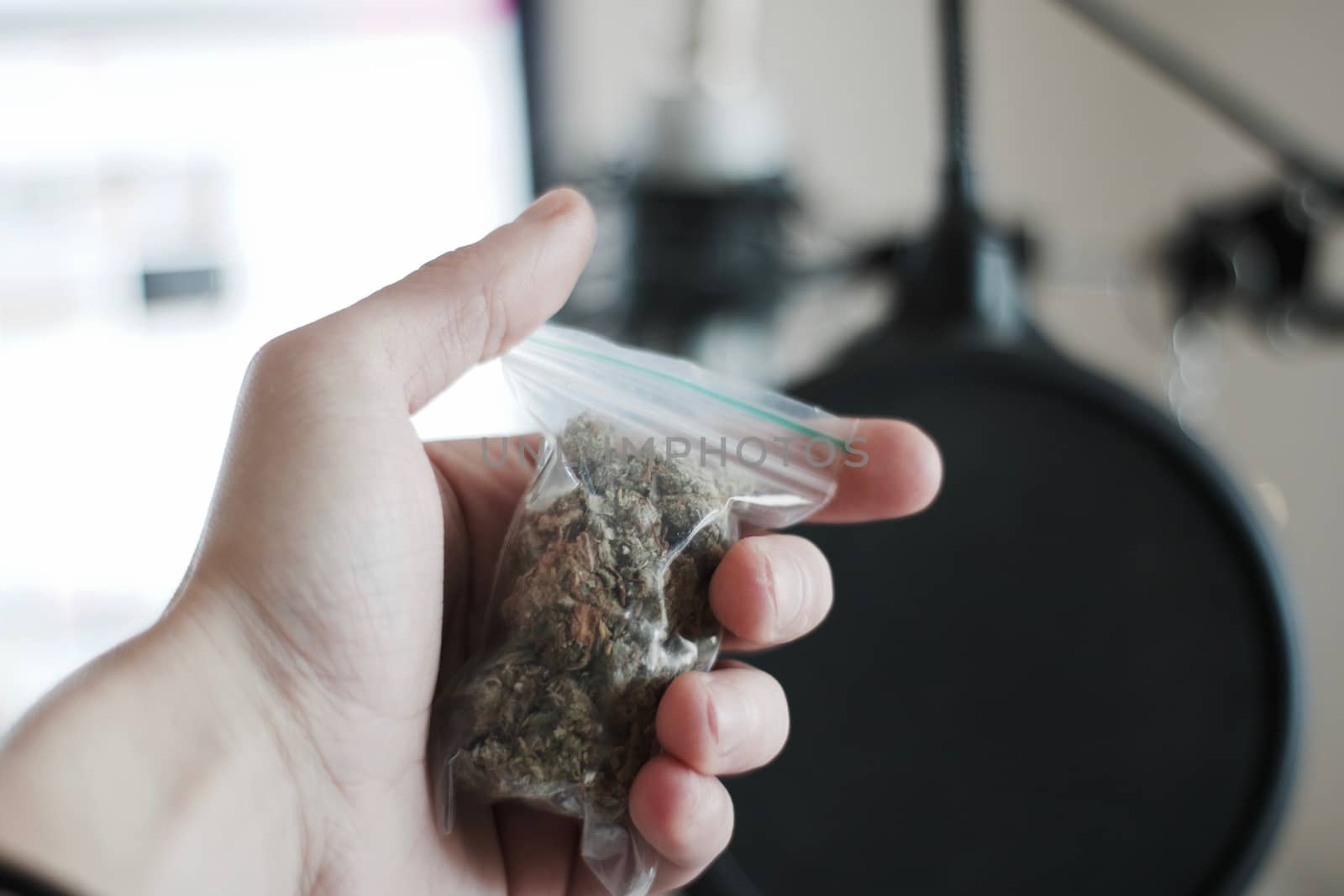 Green dry marijuana in man hand on the blurry background. Weed concept.