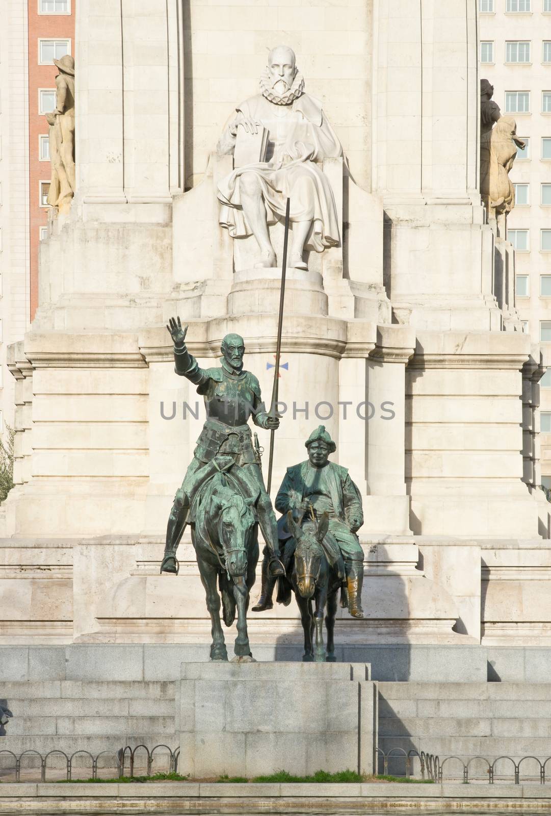 Monument to Miguel de Cervantes Saavedra and bronze sculptures of Don Quixote and Sancho Panza in Madrid, Spain