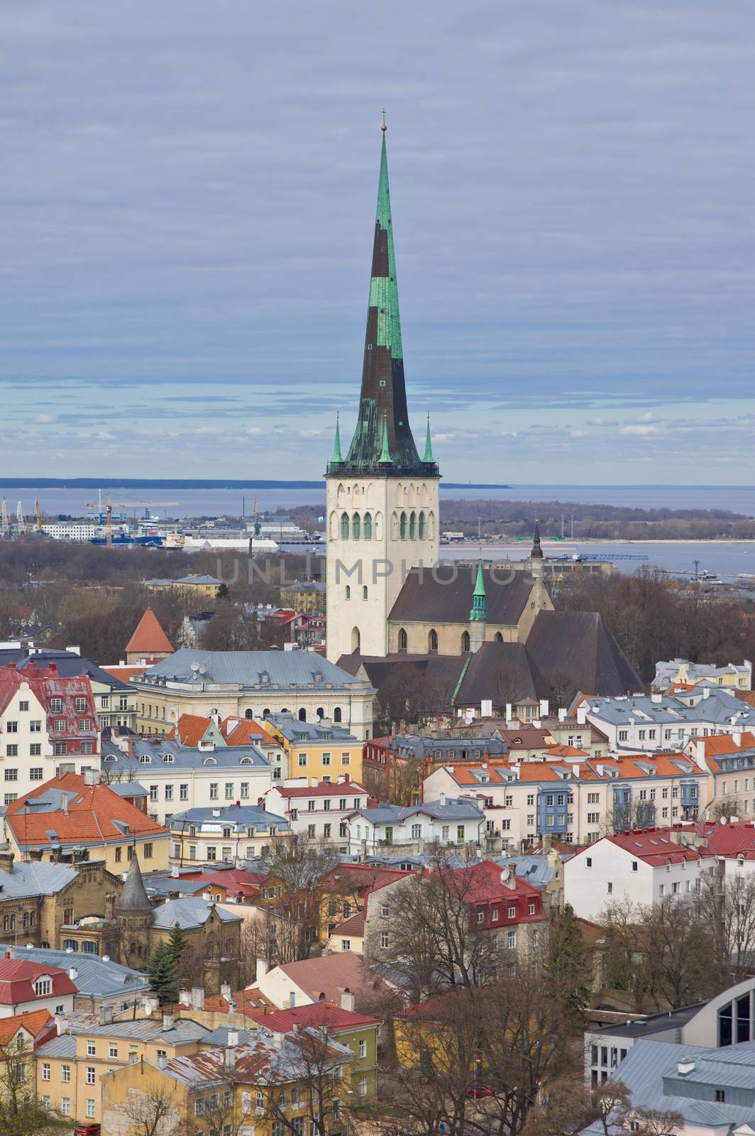 Aerial view of Oleviste (St.Olaf) church in old city of Tallinn by eans